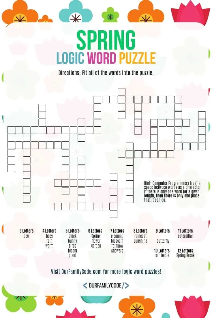 A picture of a spring logic word puzzle for kids.