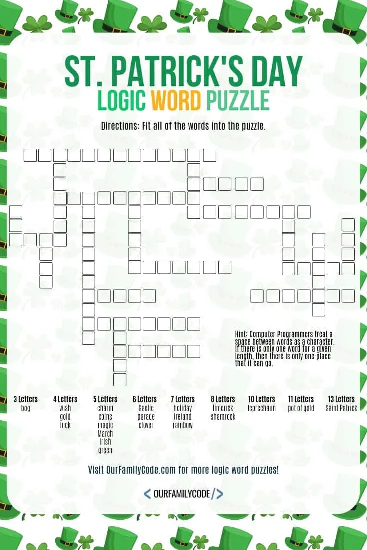 A photo of a st. patrick's day logic word puzzle on a background with leprechaun hats.