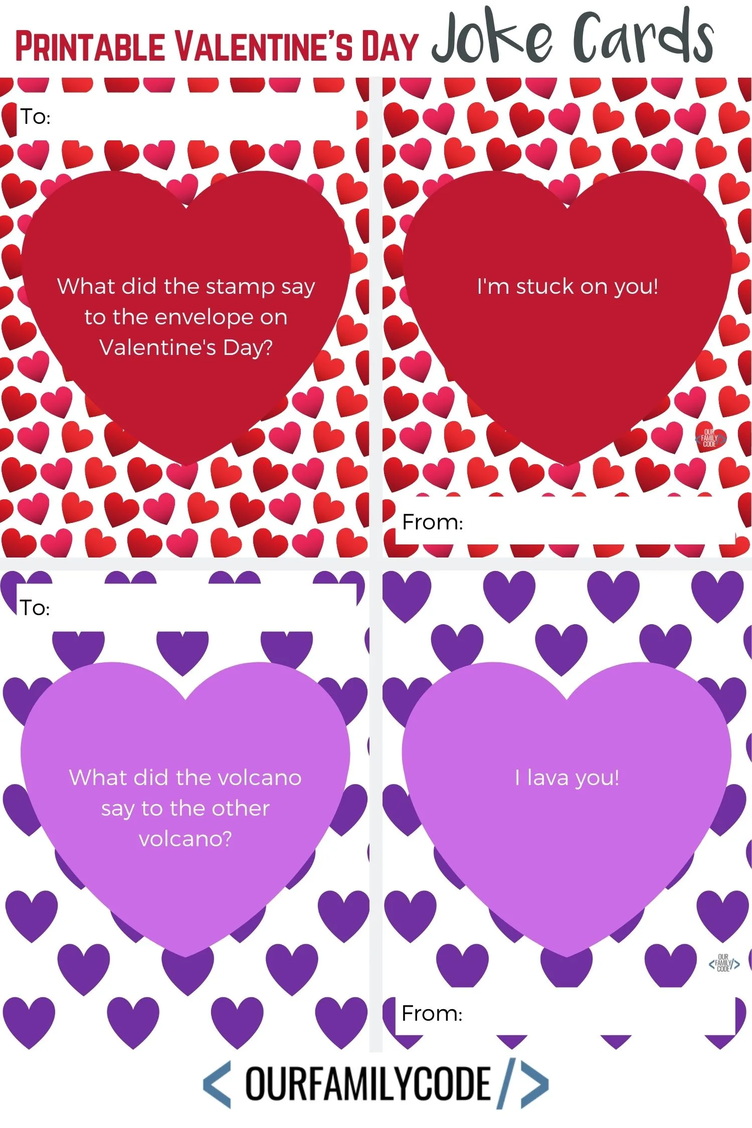 A picture of Free printable Valentine's Day joke cards.