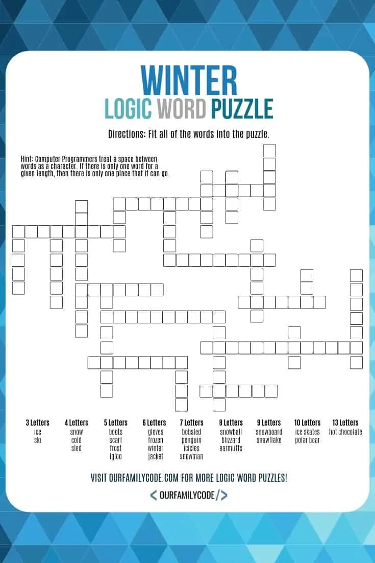 This Winter logic word puzzle activity is a way for kids to use logical thinking and pattern matching paired with spatial recognition and spelling. #teachkidstocode #logicpuzzles