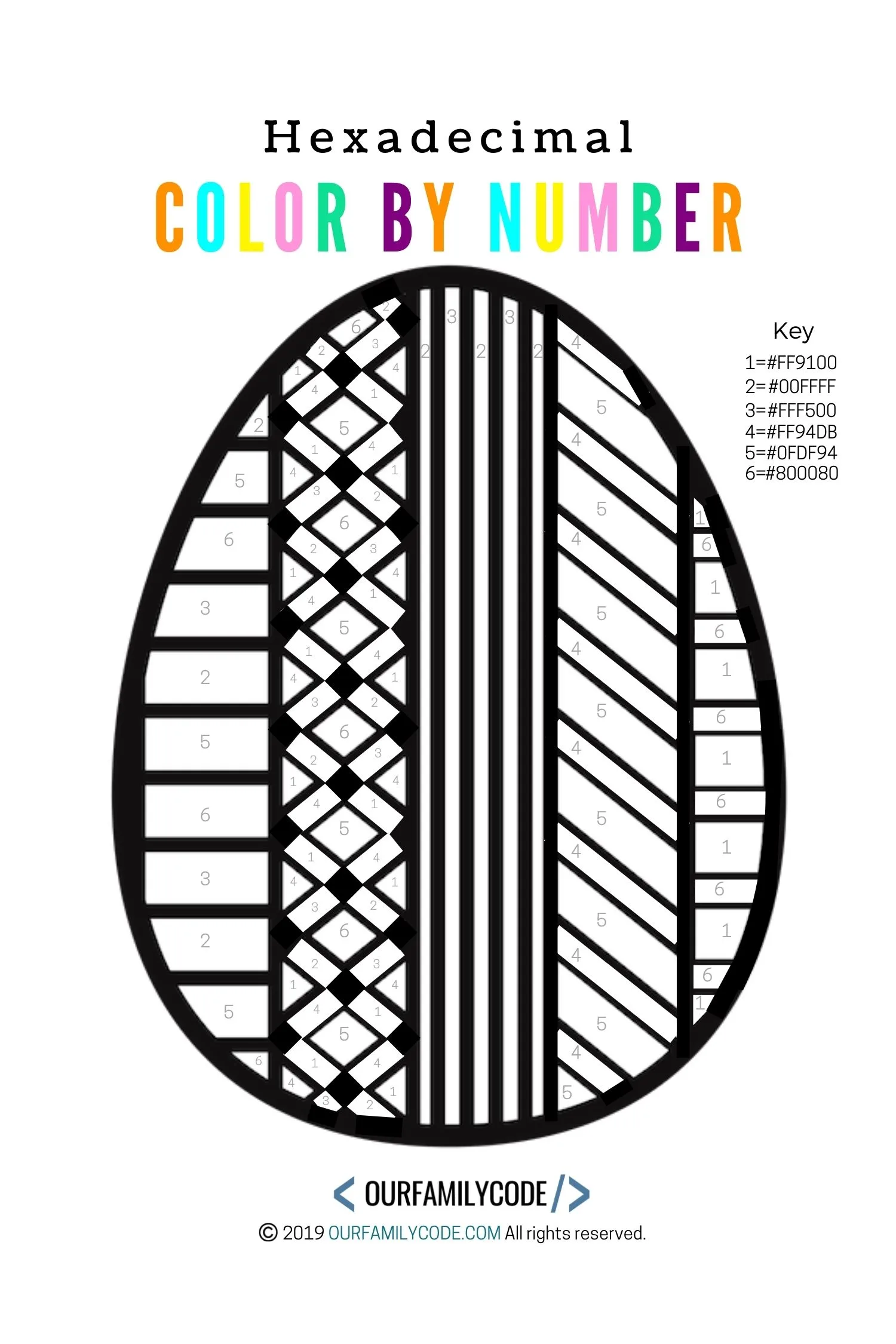 A picture of an easter egg coloring page with numbers to color by number using hexadecimals.