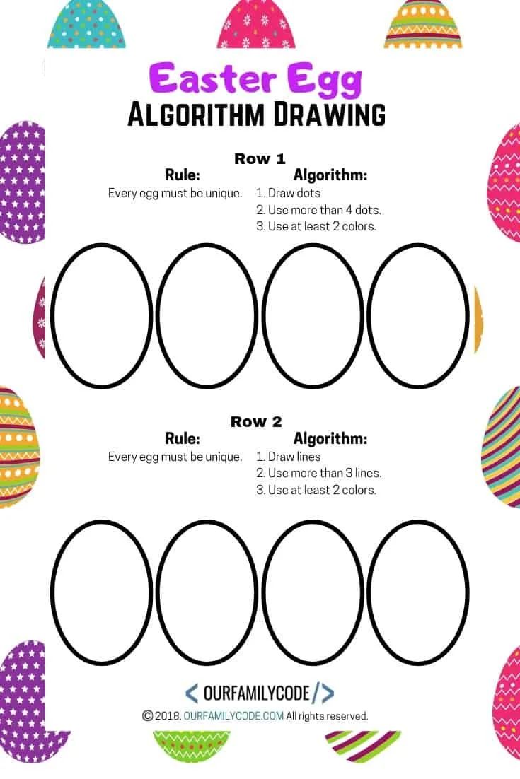 A picture of an Easter Egg algorithm drawing unplugged coding worksheet.