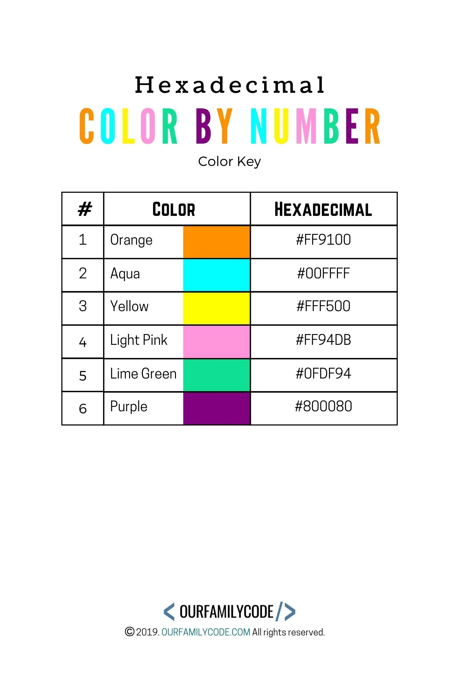 An image of a hexadecimal coloring key to color the Easter Eggs in the activity.