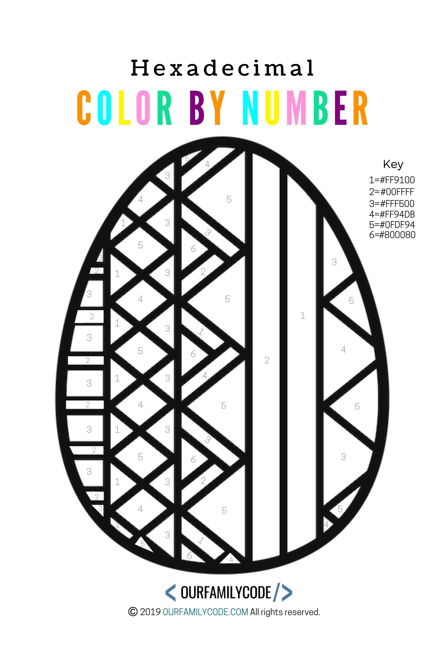 A picture of an easter egg coloring page with numbers to color by number using hexadecimals.