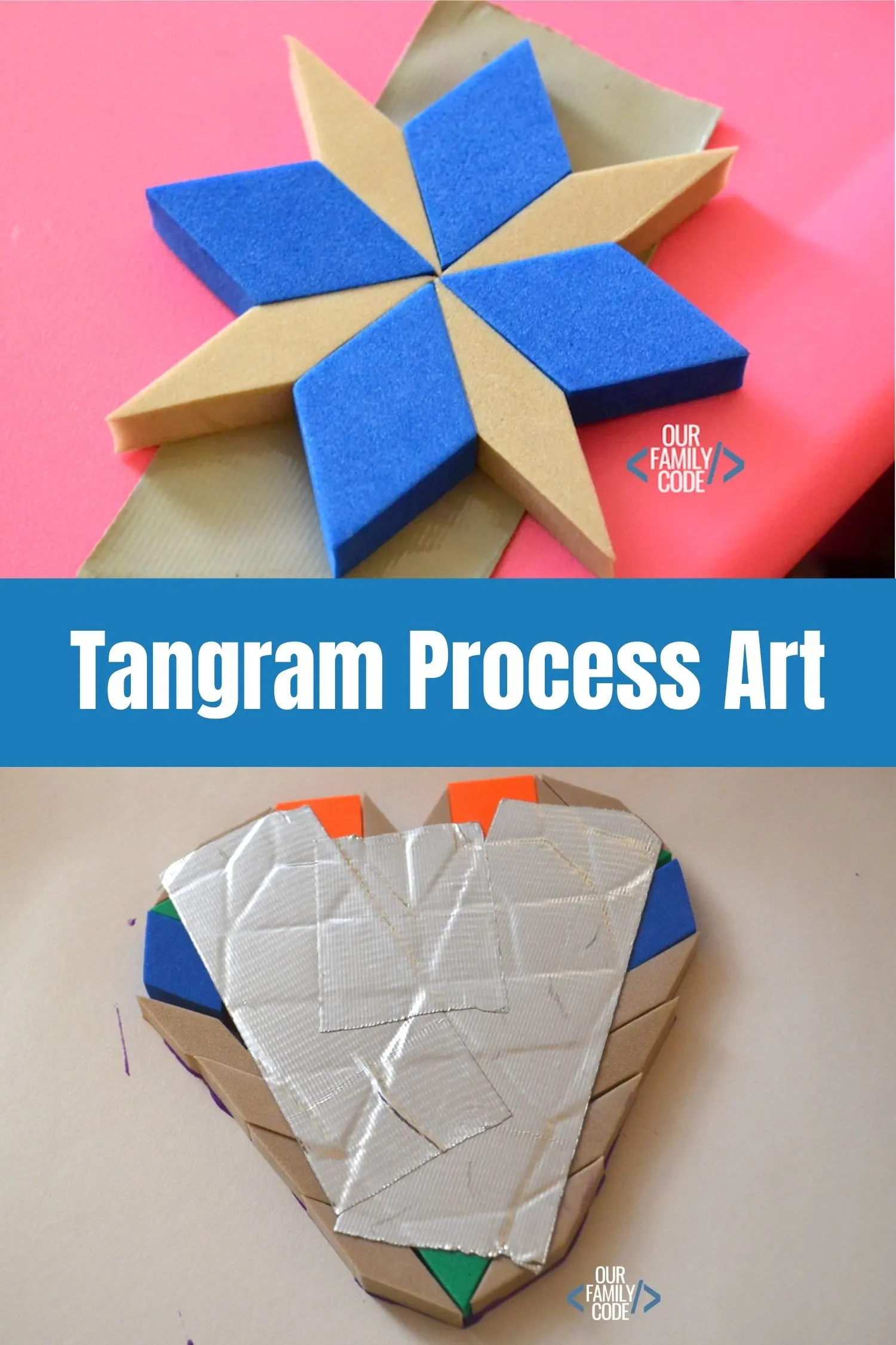 Turn tangrams into stamps to create tangram process art! #tangrams #processart #craftsforkids #STEAM