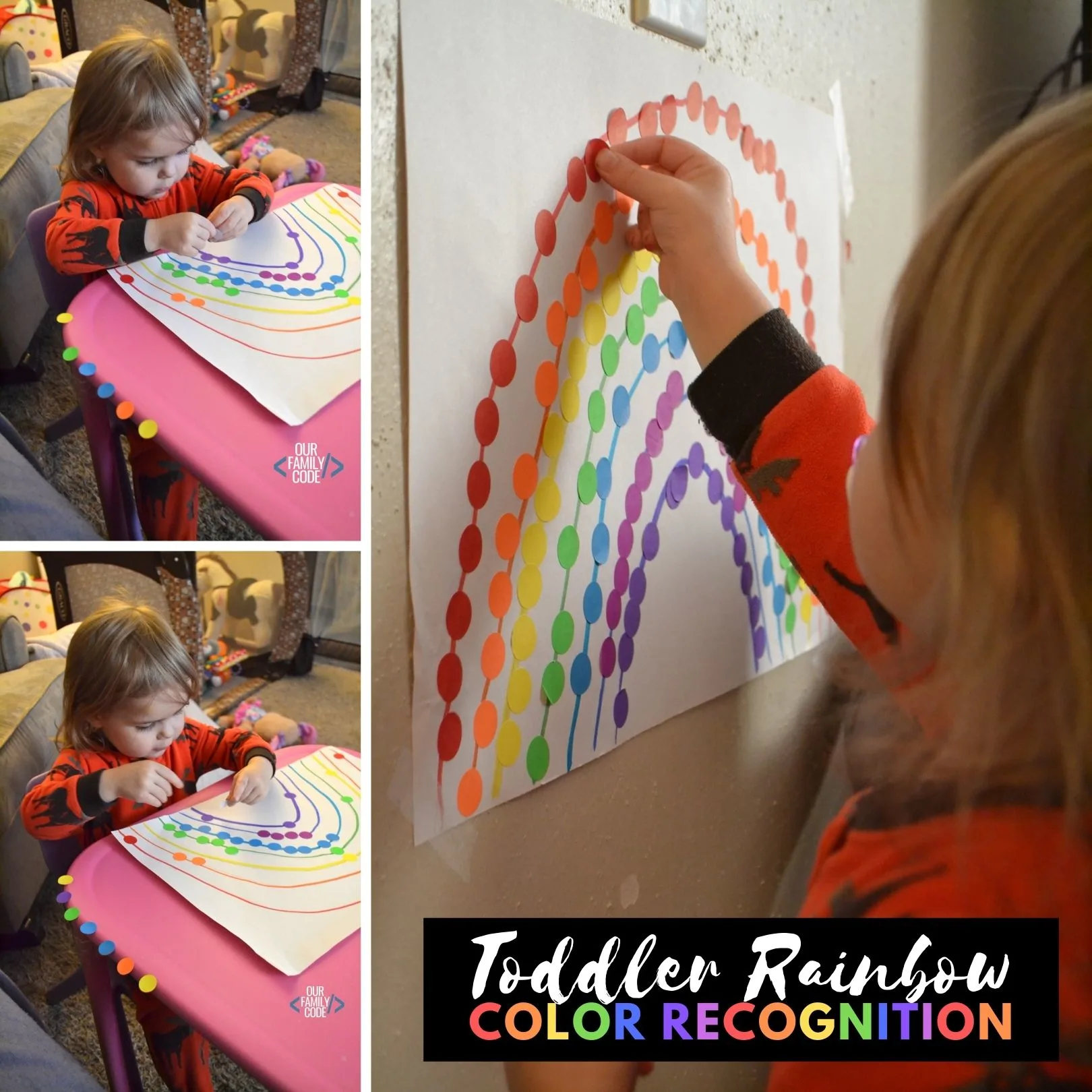 This toddler rainbow color recognition activity is a great way to incorporate a fantastic book about colors with a tangible color recognition fine motor activity. #toddleractivities #colorrecognition #finemotorskills #preschool #teachingtoddlers #rainbowactivities