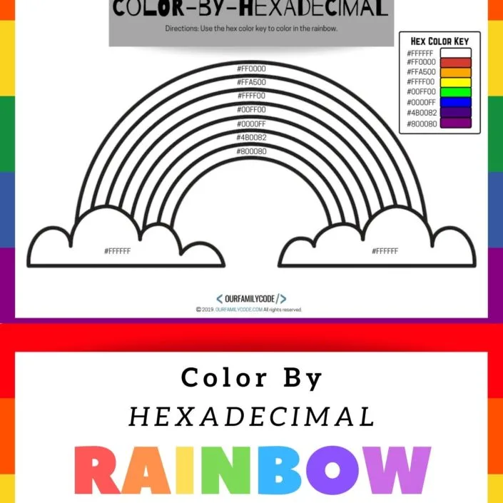 Free Color by Hexadecimal Rainbow worksheet! Introduce hexadecimal colors with a well known pattern! #kidcoders #STEAM #STEM #colorbynumber #colorbyhexadecimal #teachkidstocode #coding