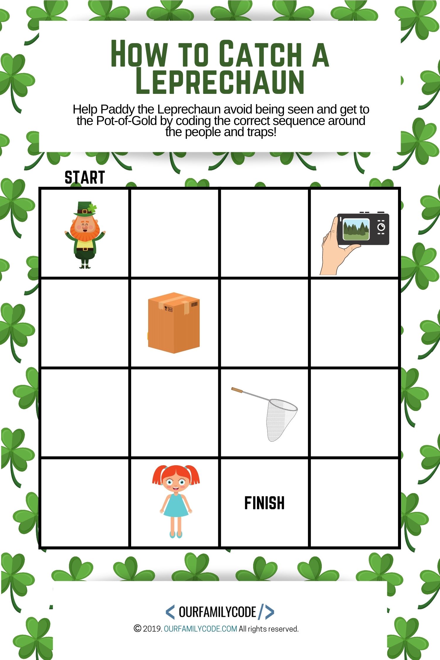 Help Paddy the Leprechaun avoid being caught by coding the sequence between the traps in this leprechaun sequence coding activity!! #teachkidstocode #freeworksheets #codingactivitiesforkids #STEM #STEAM #unpluggedcoding 