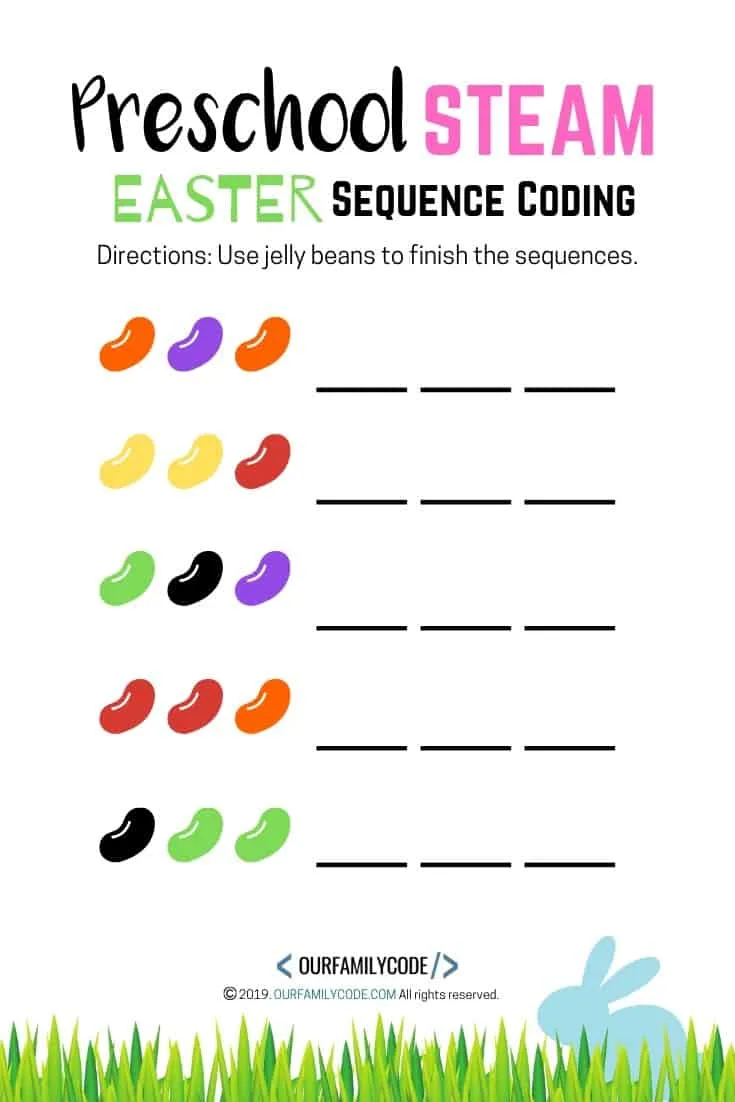 Grab these free preschool STEAM Easter sequence coding worksheets to practice sequencing today and finish writing sequences with jelly beans! #coding #teachkidstocode #STEAM #STEM