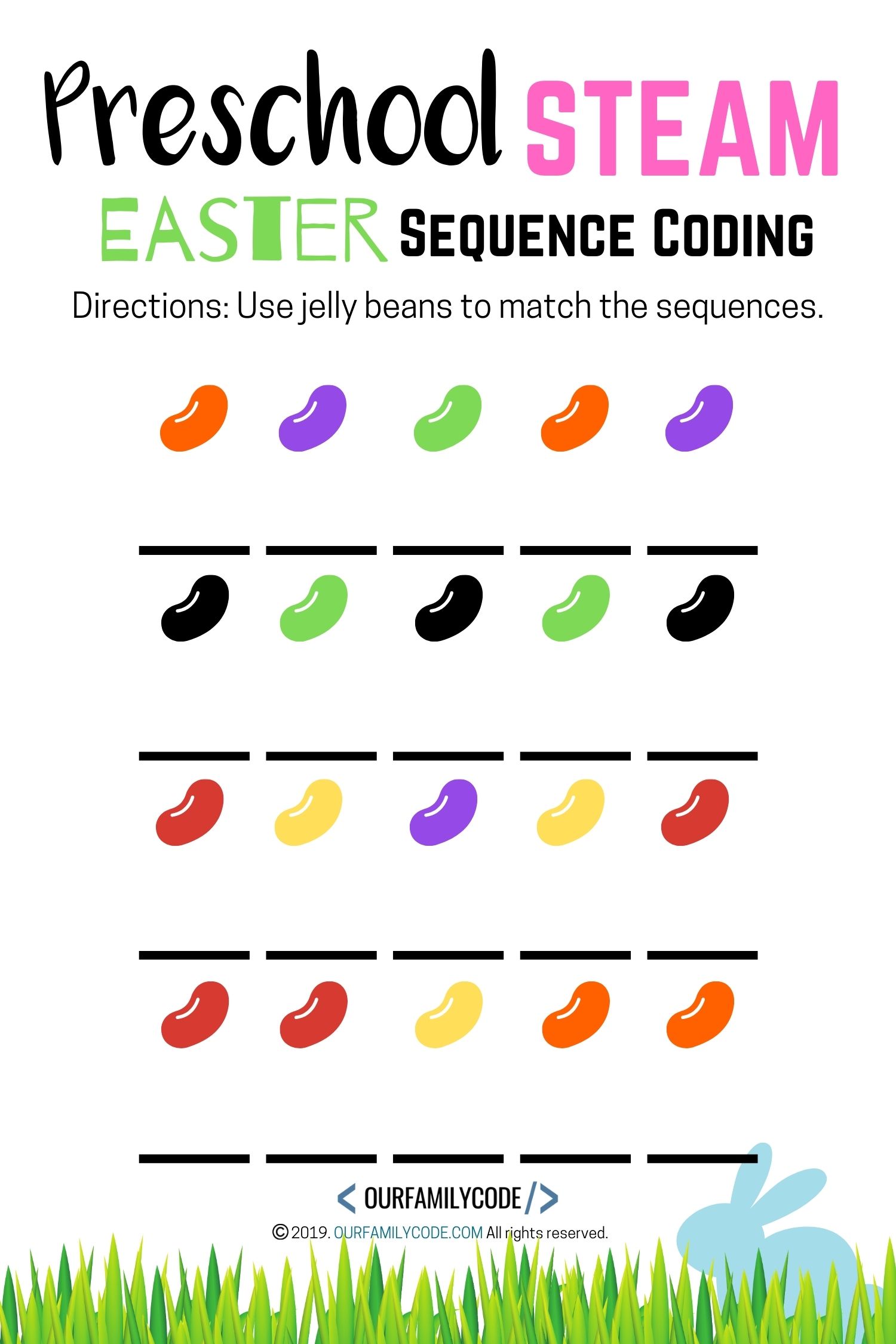 Grab these free preschool STEAM Easter sequence coding worksheets to practice sequencing today and finish writing sequences with jelly beans! #coding #teachkidstocode #STEAM #STEM
