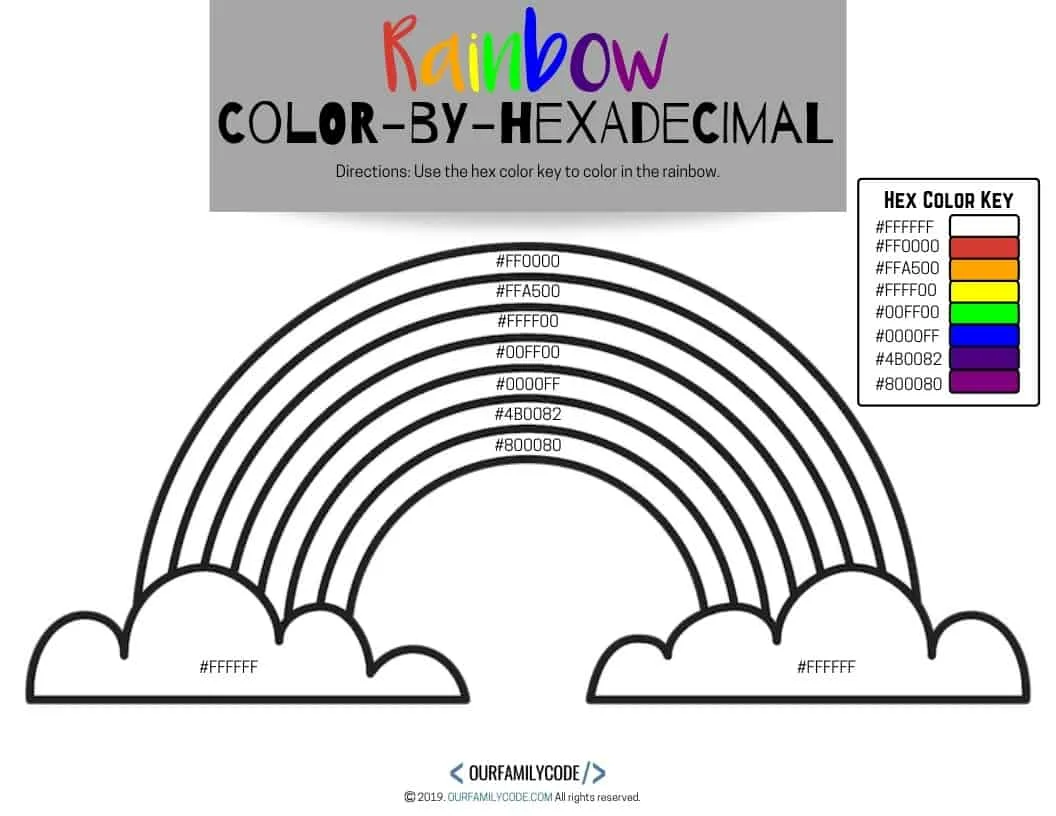 This Color by Hexadecimal Rainbow worksheet is a great first hexadecimal worksheet to introduce HTML color coding and other basic coding skills! #teachkidstocode #STEAM #STEM #coding #colorbynumber #colorbyhexadecimal