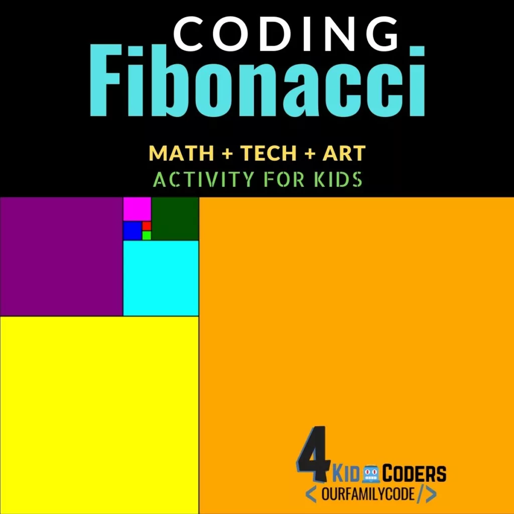 Are you ready to code Fibonacci rectangles and make some cool digital Fibonacci art? You don't want to miss this math + tech + art kid coding activity! #Fibonacci #STEAMkids #STEAM #STEM #homeschool #teachkidstocode