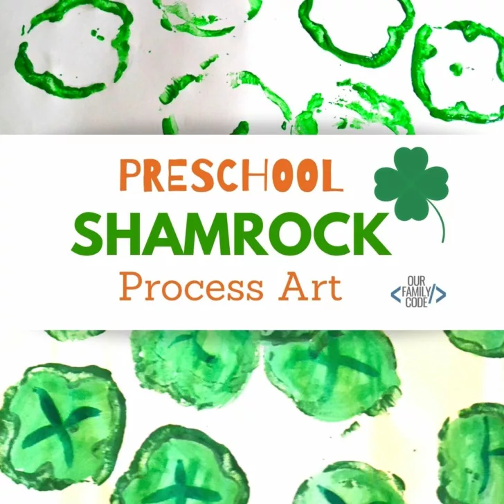 Make preschool shamrock process art with green peppers for a great sensory learning experience! #preschool #homeschool #totschool #processart #sensoryactivities #toddlerart #toddlercrafts