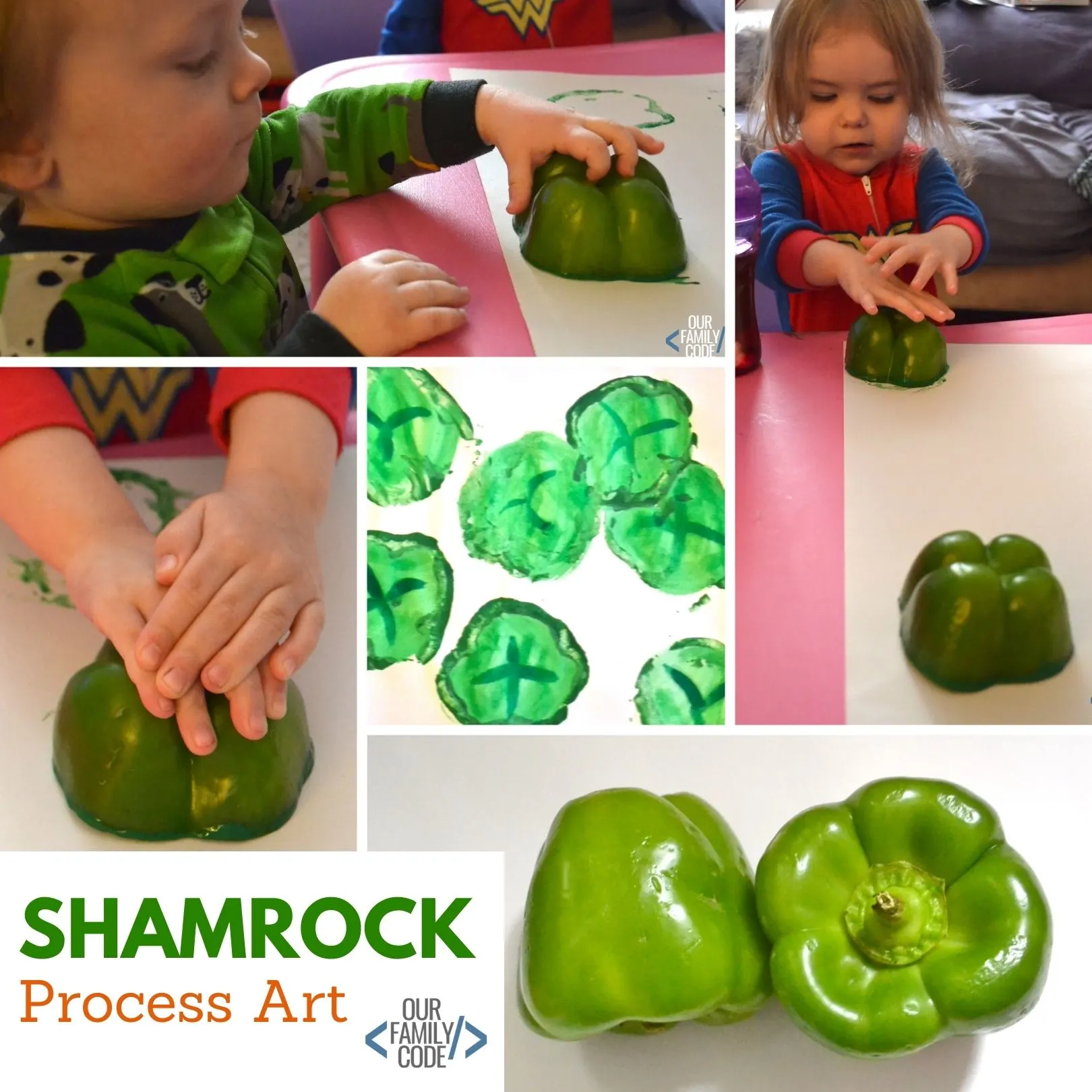 Make preschool shamrock process art with green peppers for a great sensory learning experience! #preschool #homeschool #totschool #processart #sensoryactivities #toddlerart #toddlercrafts