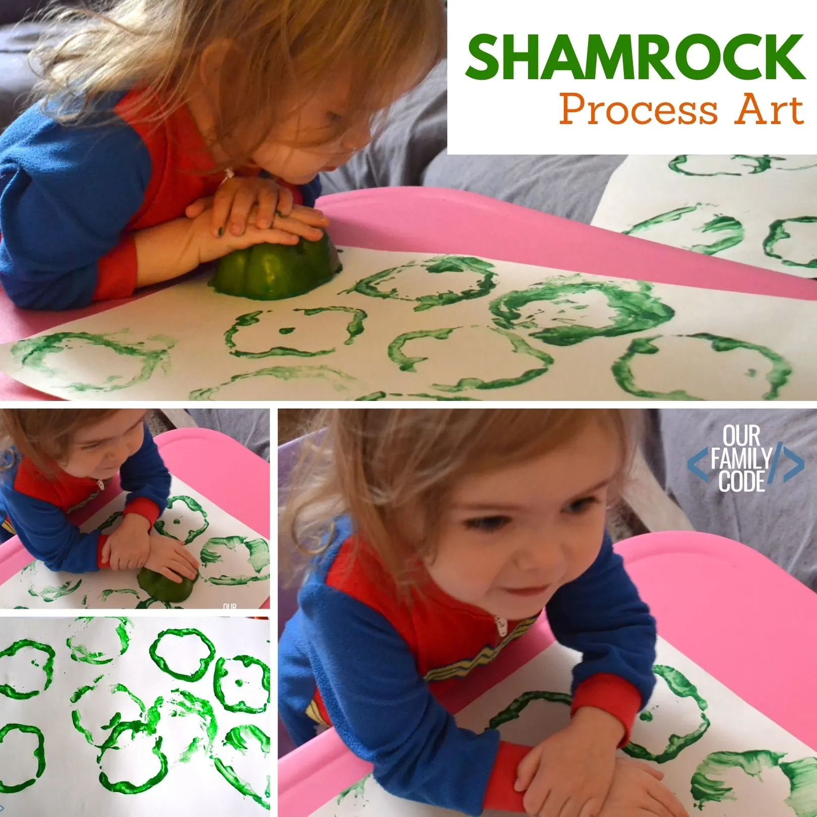 Make preschool shamrock process art with green peppers for a great sensory learning experience! #preschool #homeschool #totschool #processart #sensoryactivities #toddlerart #toddlercrafts