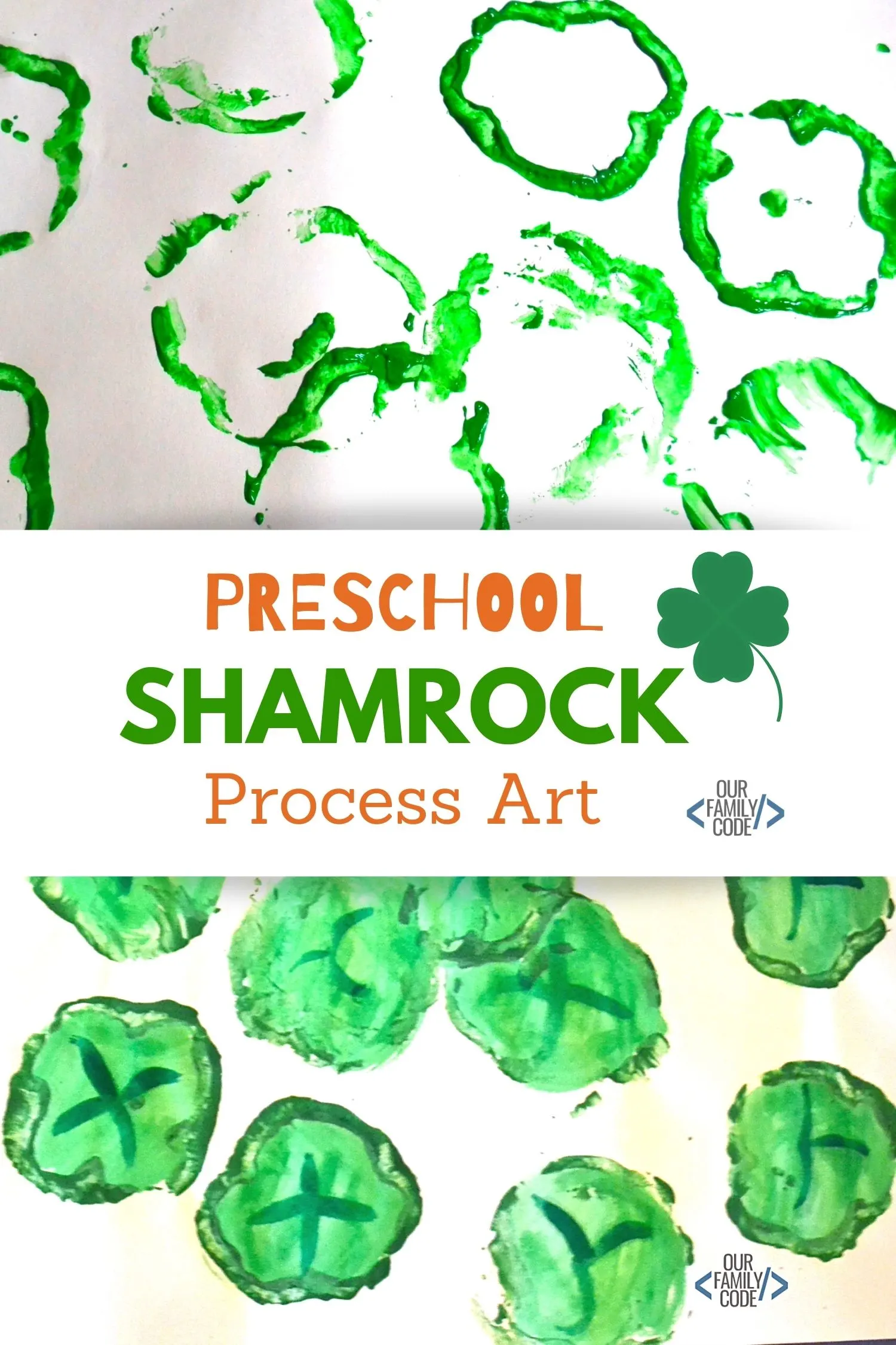 Make preschool shamrock process art with green peppers for a great sensory learning experience! #preschool #homeschool #totschool #processart #sensoryactivities #toddlerart #toddlercrafts