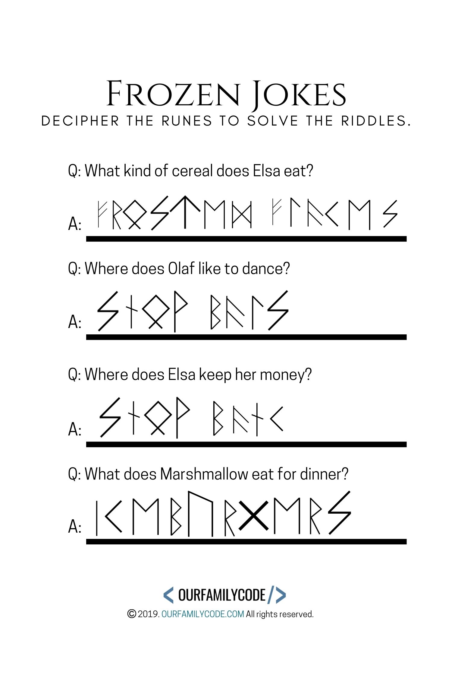A picture of a frozen coding activity for kids decipher jokes futhark worksheet.