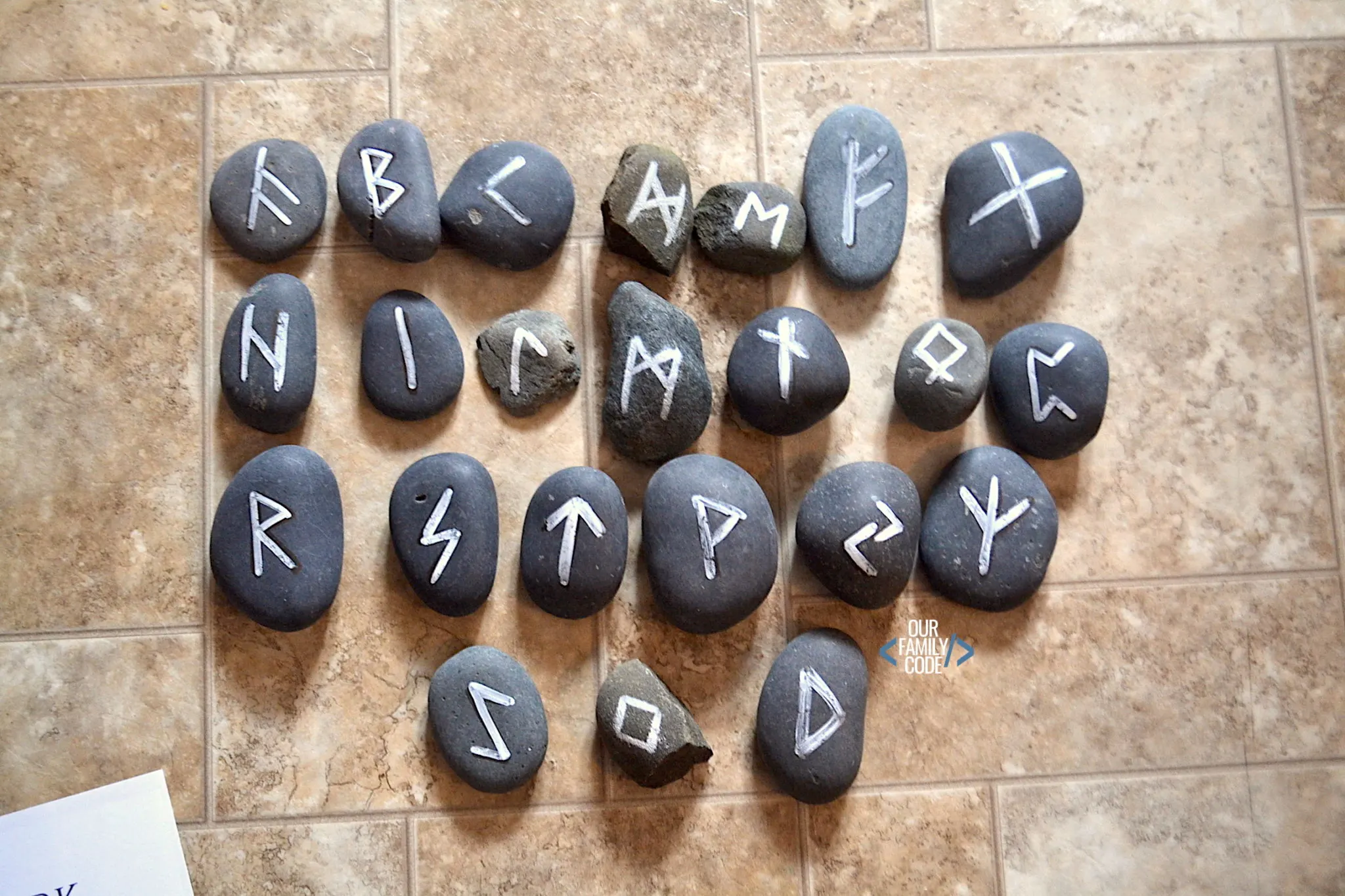 A picture of a DIY rock frozen steam runic alphabet.