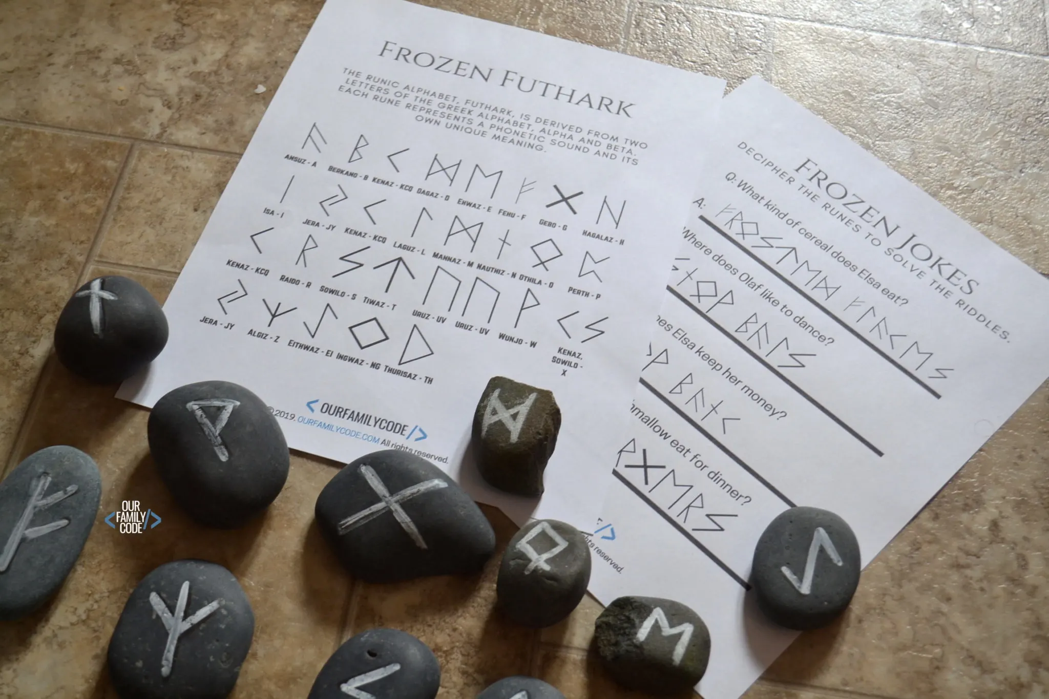 A picture of a frozen steam runic alphabet coding activity.
