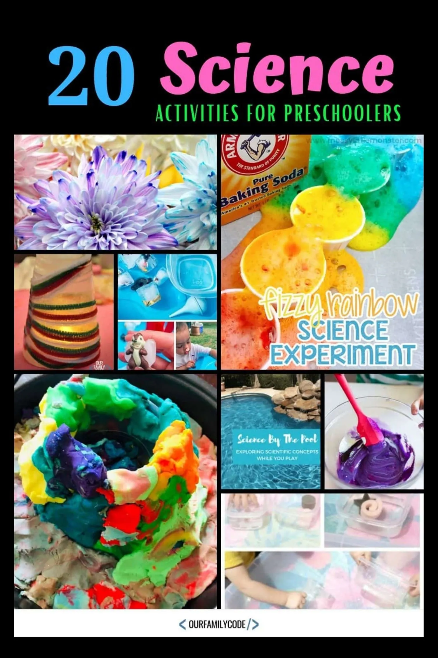 A picture of 20 science activities for preschoolers in a collage.