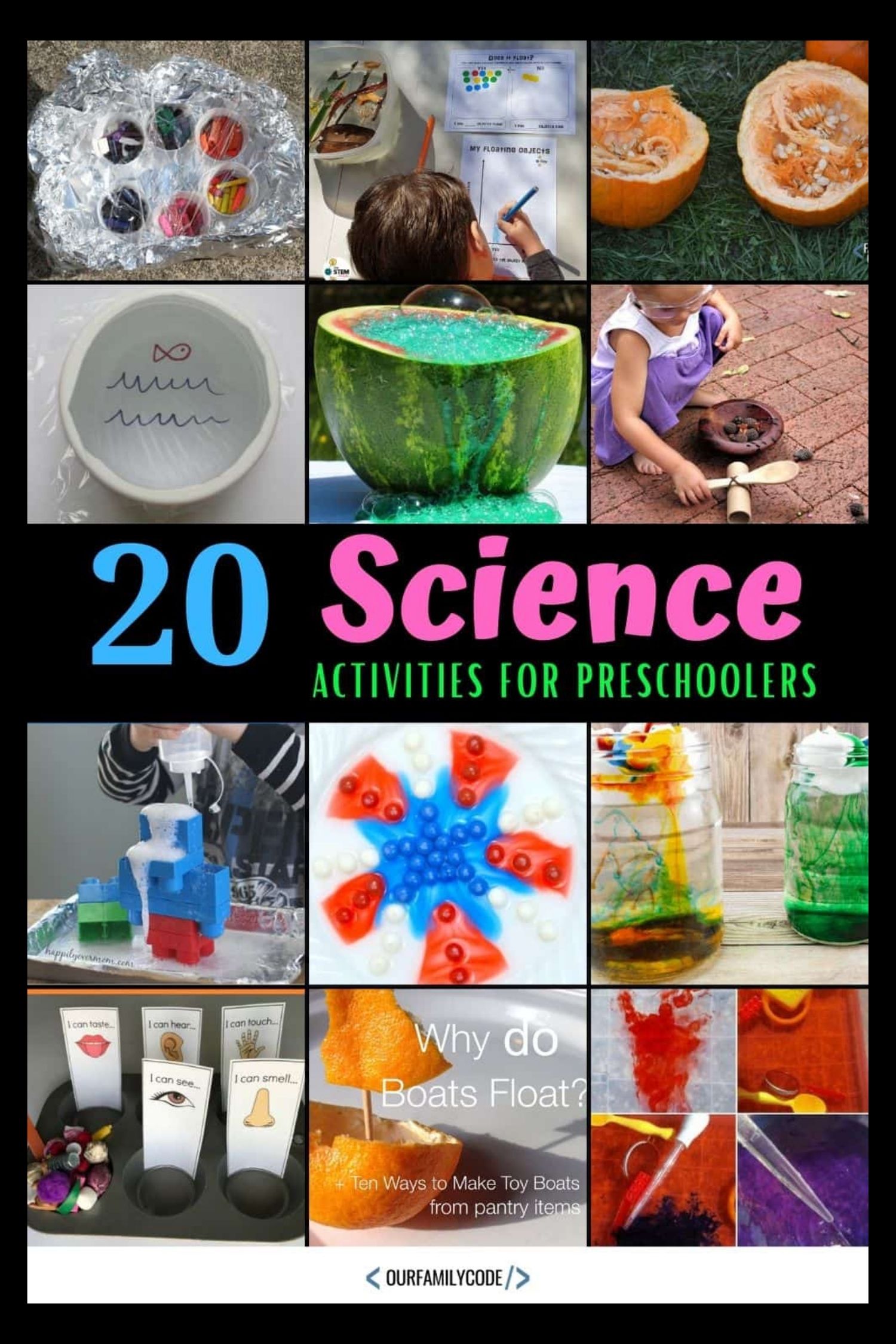 A picture of 20 science activities for preschoolers in a collage.