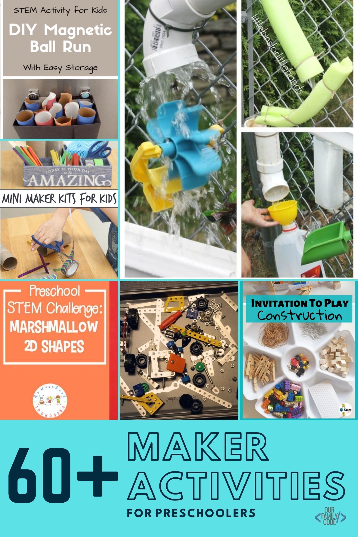 A picture with a group of STEM maker activities for preschoolers.