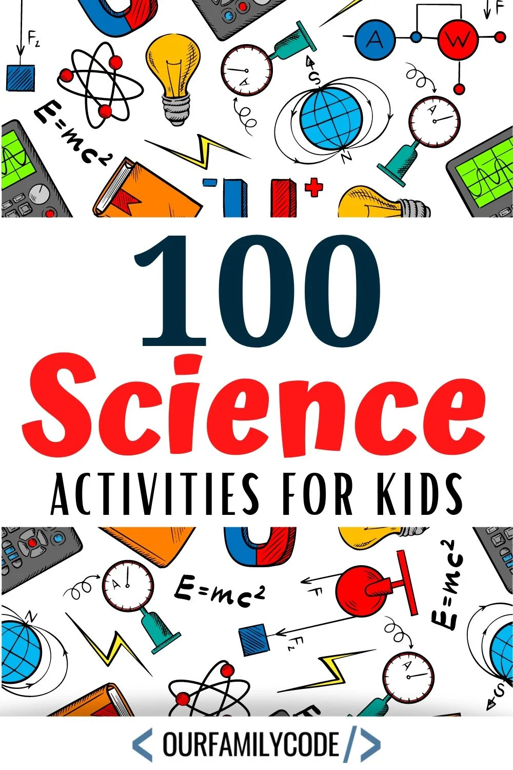 A picture of 100 science activities for kids written in text over a white background with science images.