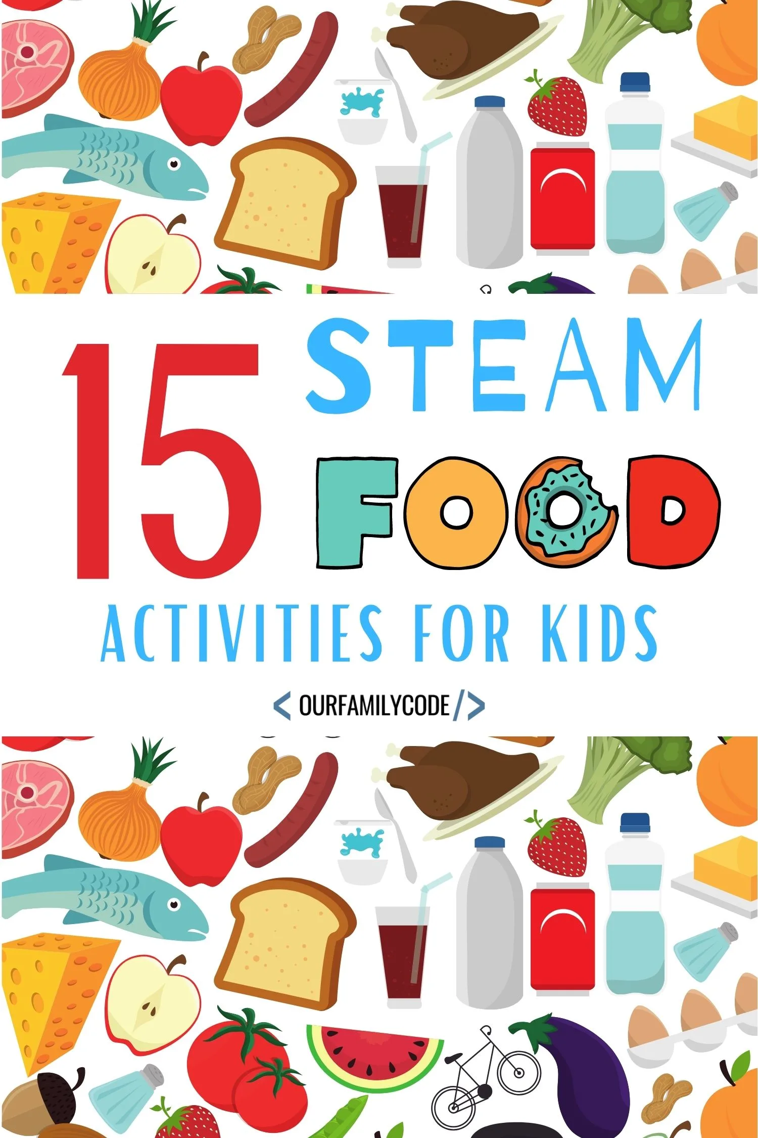 A picture of 15 steam food activities for kids written on white background with food images.