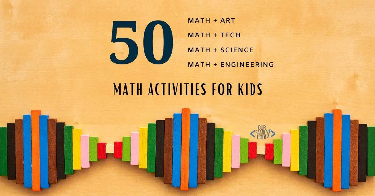 A picture of 50 math activities for kids written on a tan background.
