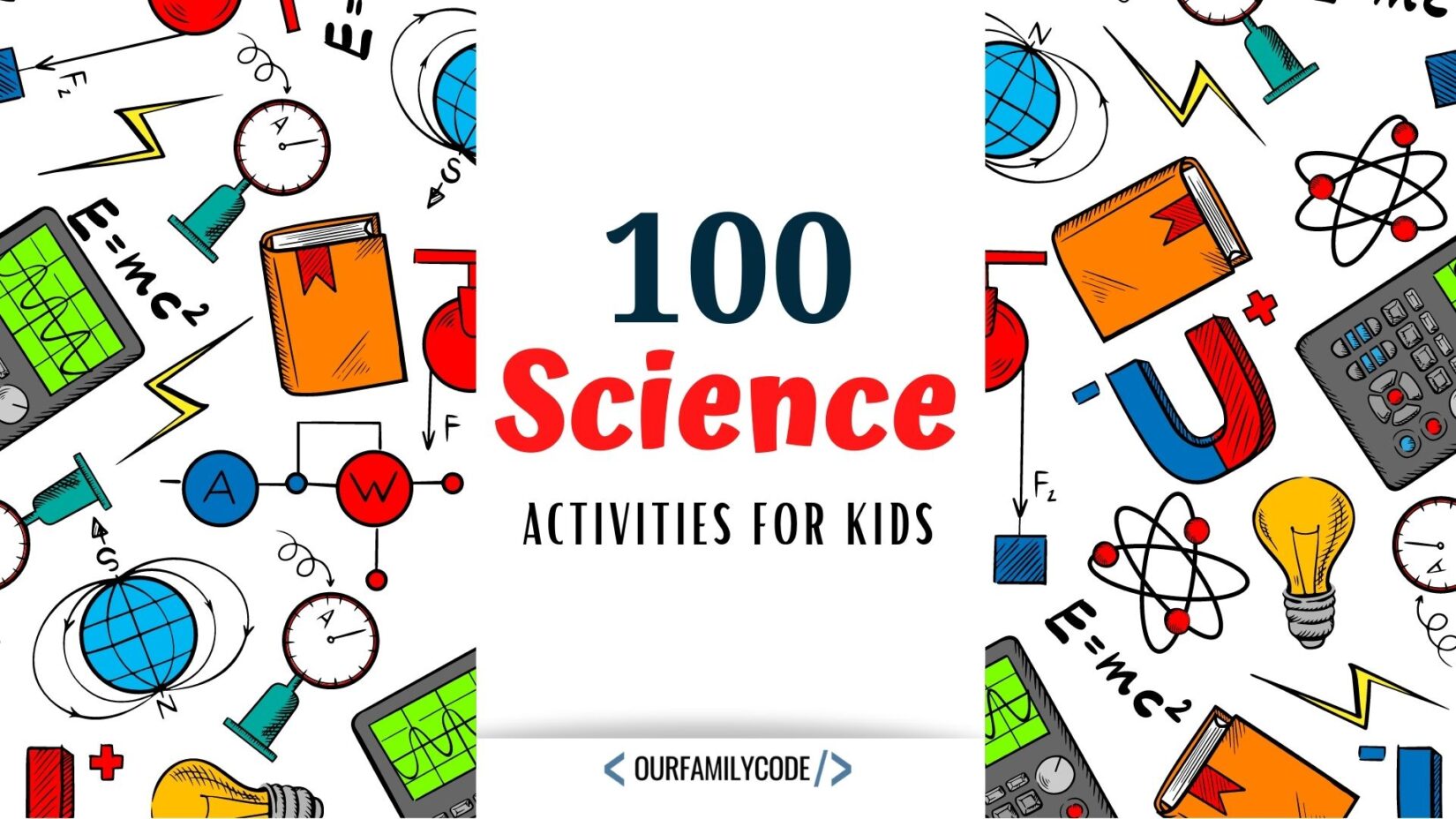 A picture of 100 science activities for kids written in text over a white background with science images.