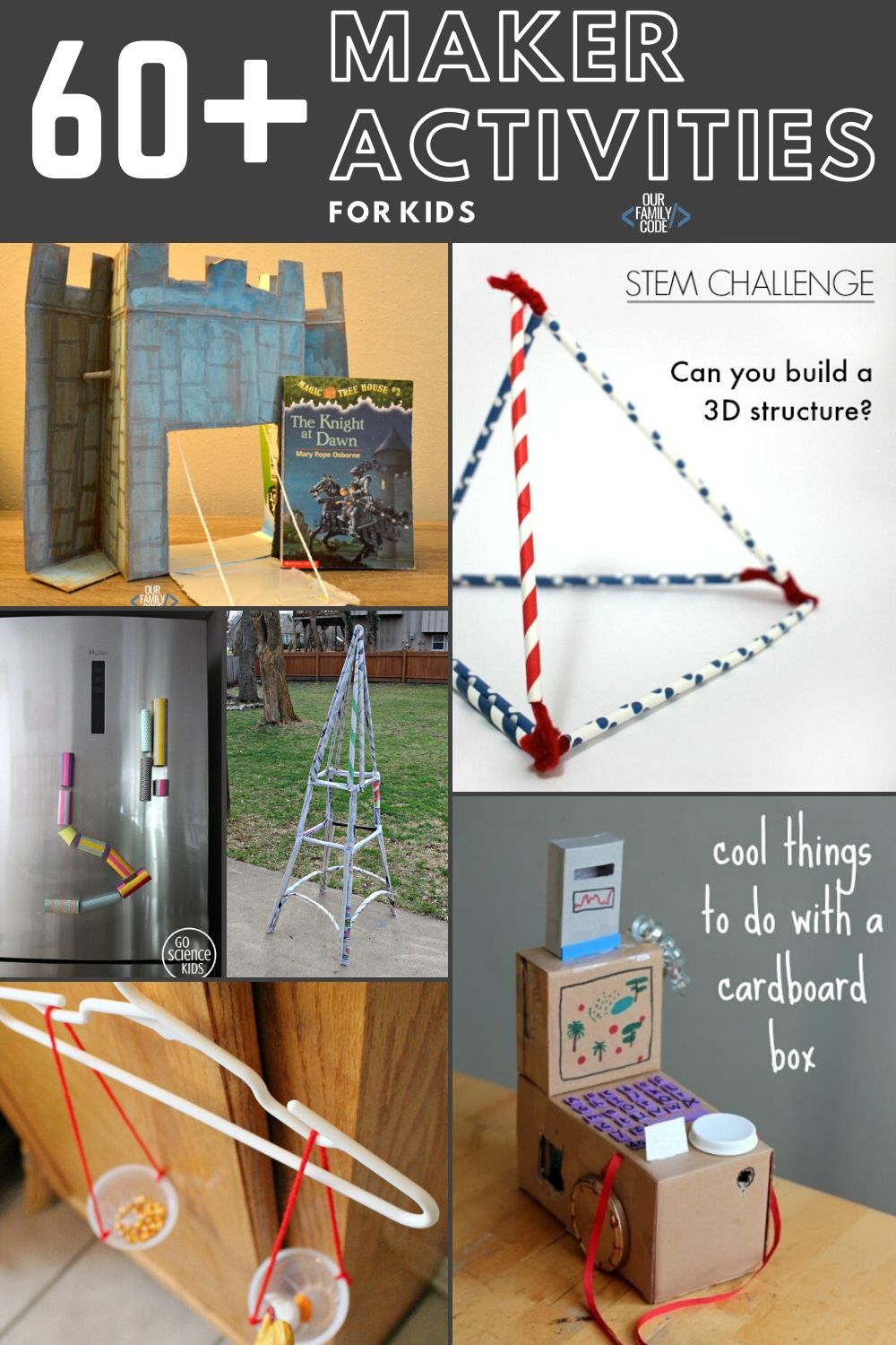A picture with a range of STEM maker activities for kids in a collage.