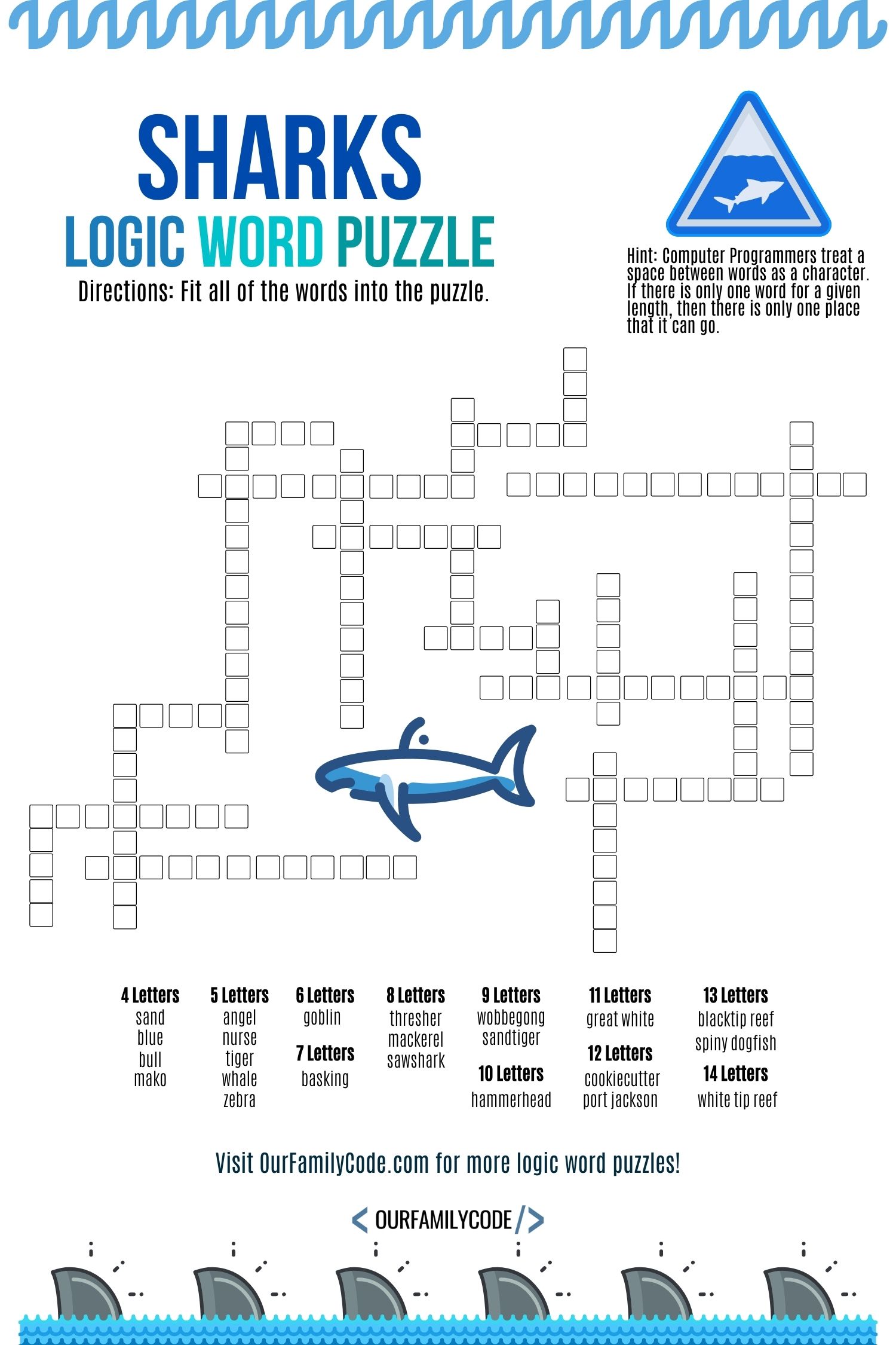 A picture of a shark logic word puzzle printable activity.