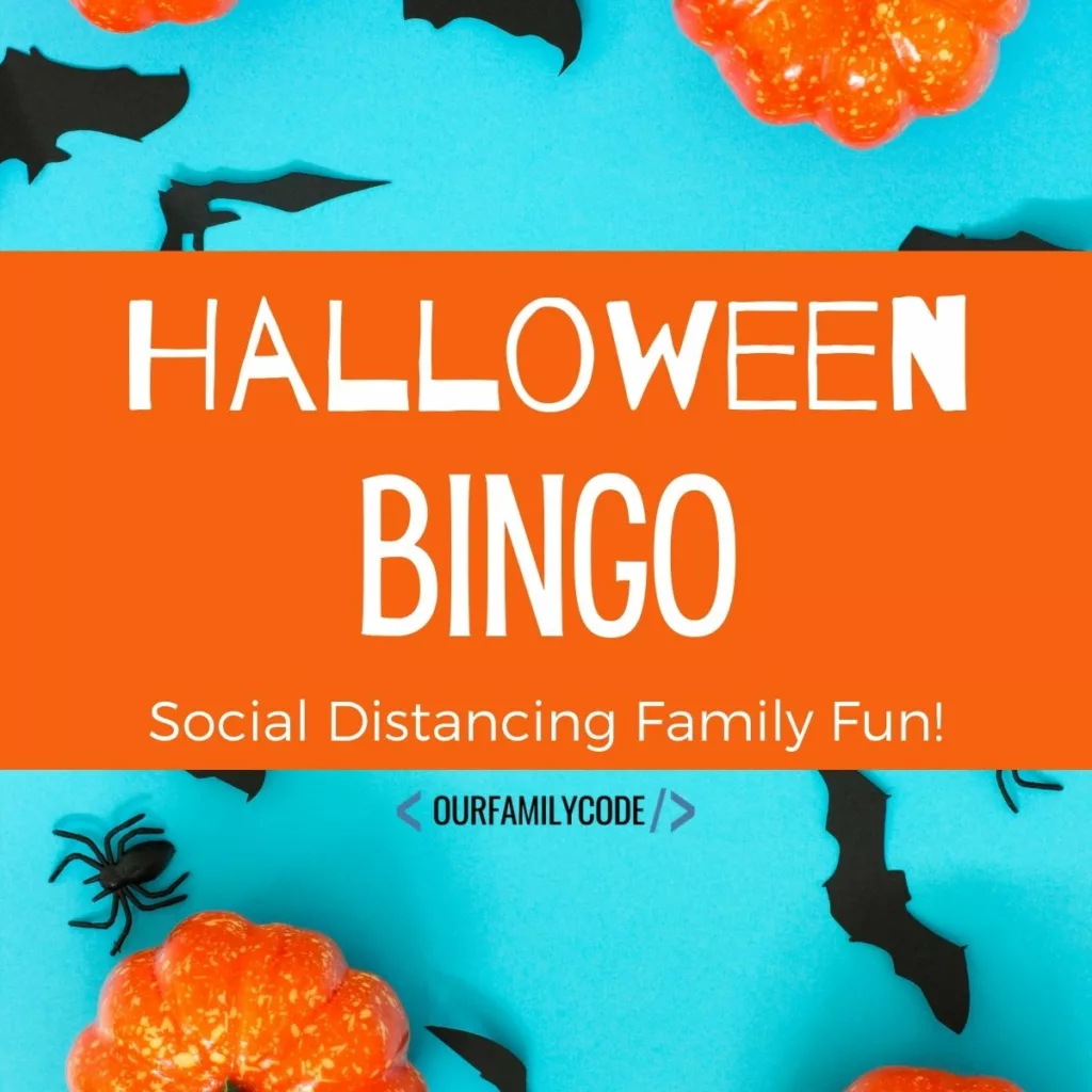 A picture of pumpkins and bats on a blue background with the text "Halloween BINGO" written in black.
