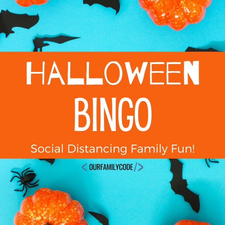 A picture of pumpkins and bats on a blue background with the text "Halloween BINGO" written in black.