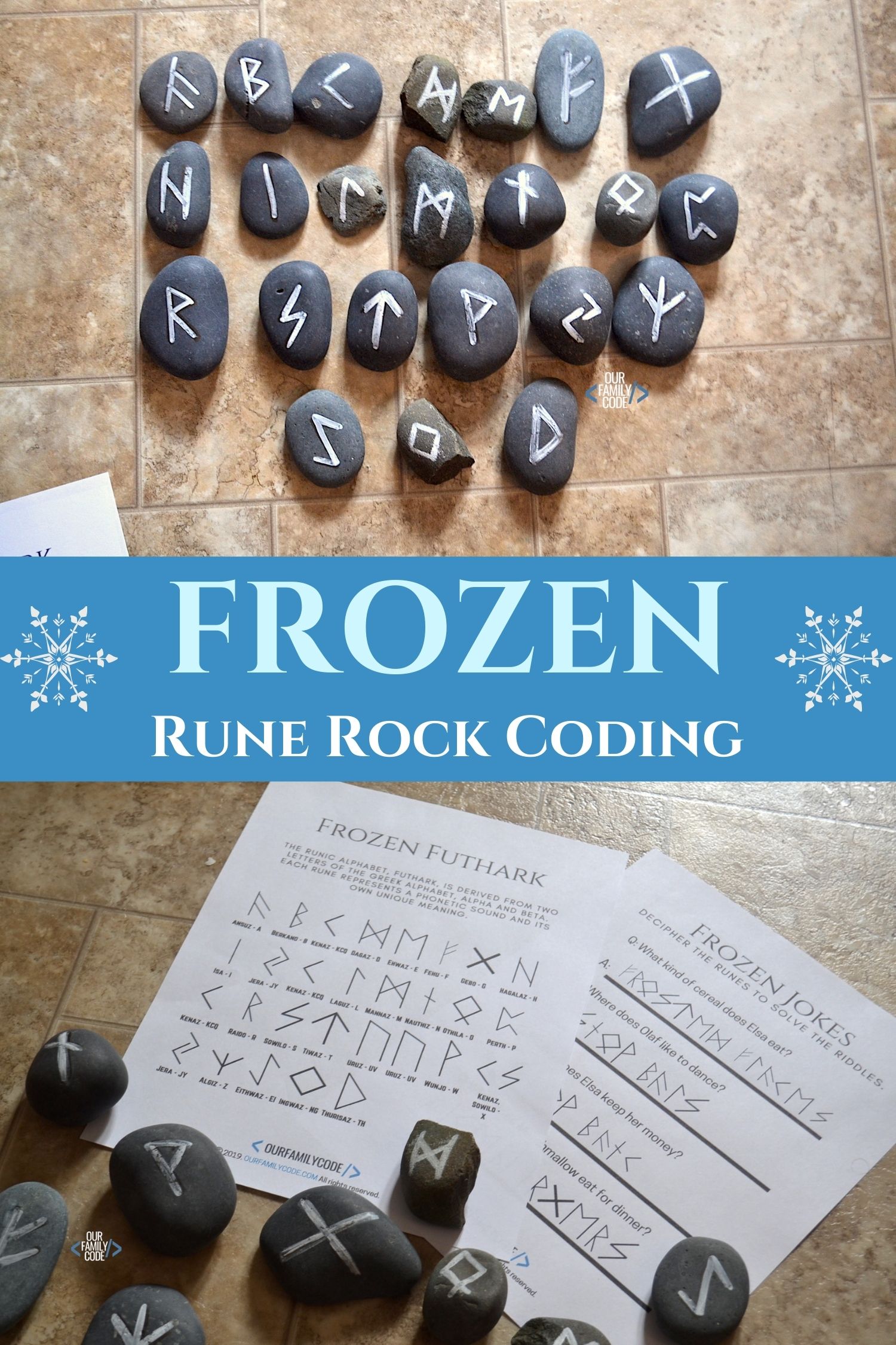 A picture of DIY rune rocks with worksheets on ground.