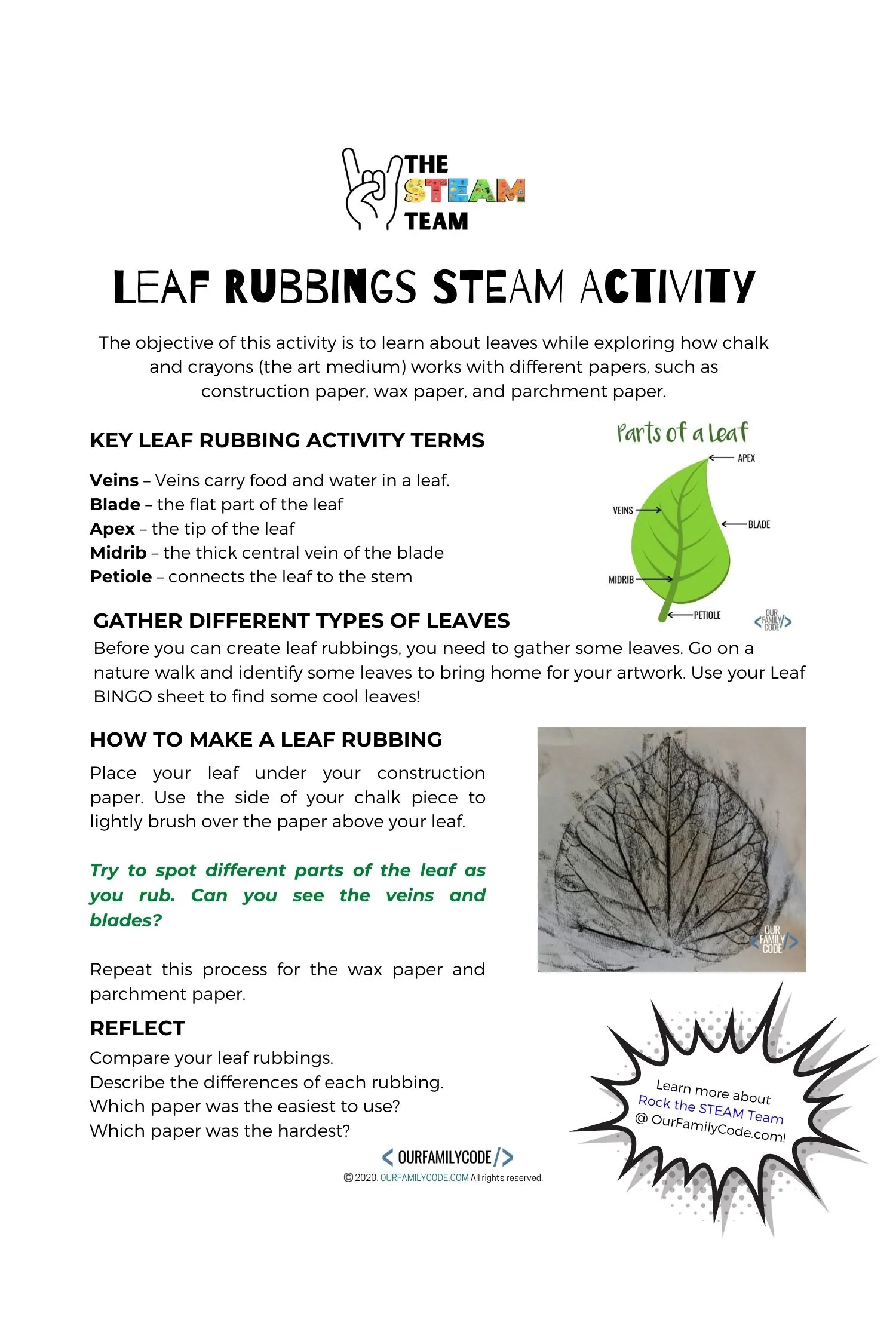 A picture of a printable leaf rubbing remote learning steam kit activity number 1.