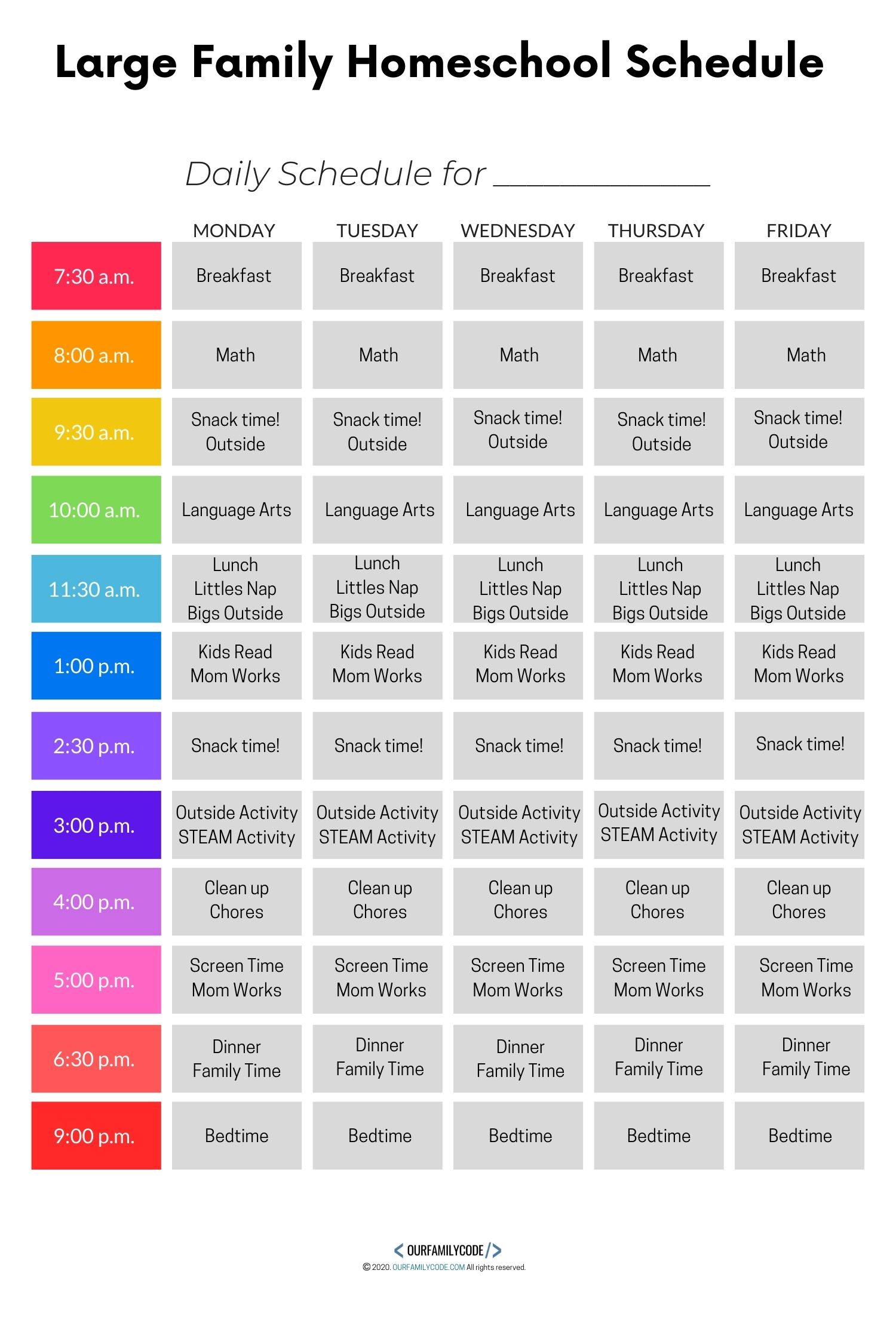 A picture of a large family homeschool schedule.