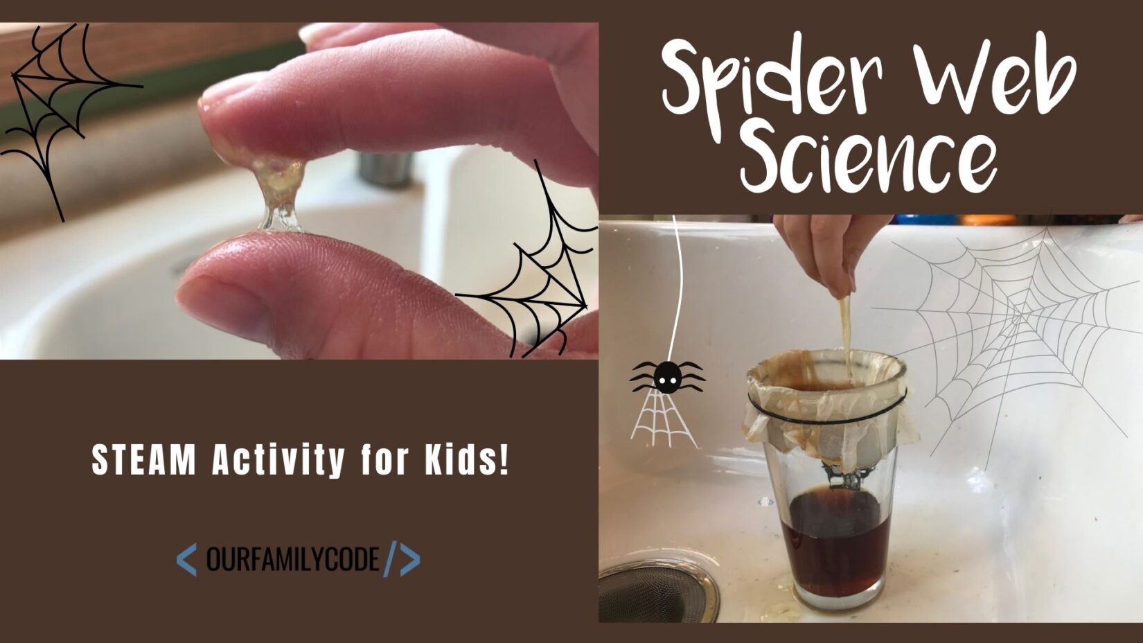 Sticky spider web science experiment for Halloween STEM learning