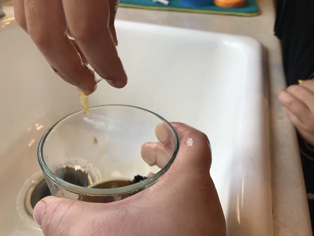 A picture of spider web science activity with sticky web made from eggs and black tea.