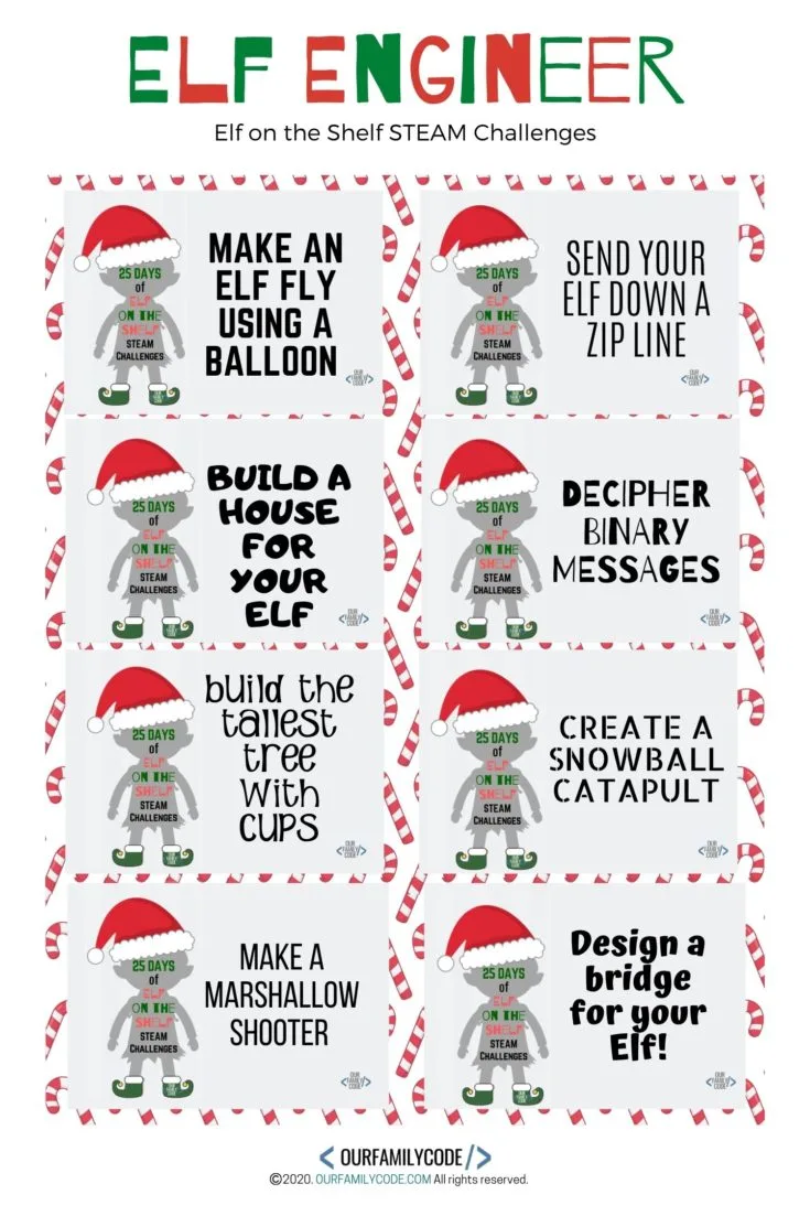 elf on the shelf elf engineer steam challenge cards 1 Can you build a balloon tower using balloons and tape? Grab these free Disney Moana STEM challenge cards and make way for some fun hands-on learning activities like building a balloon tower and more!