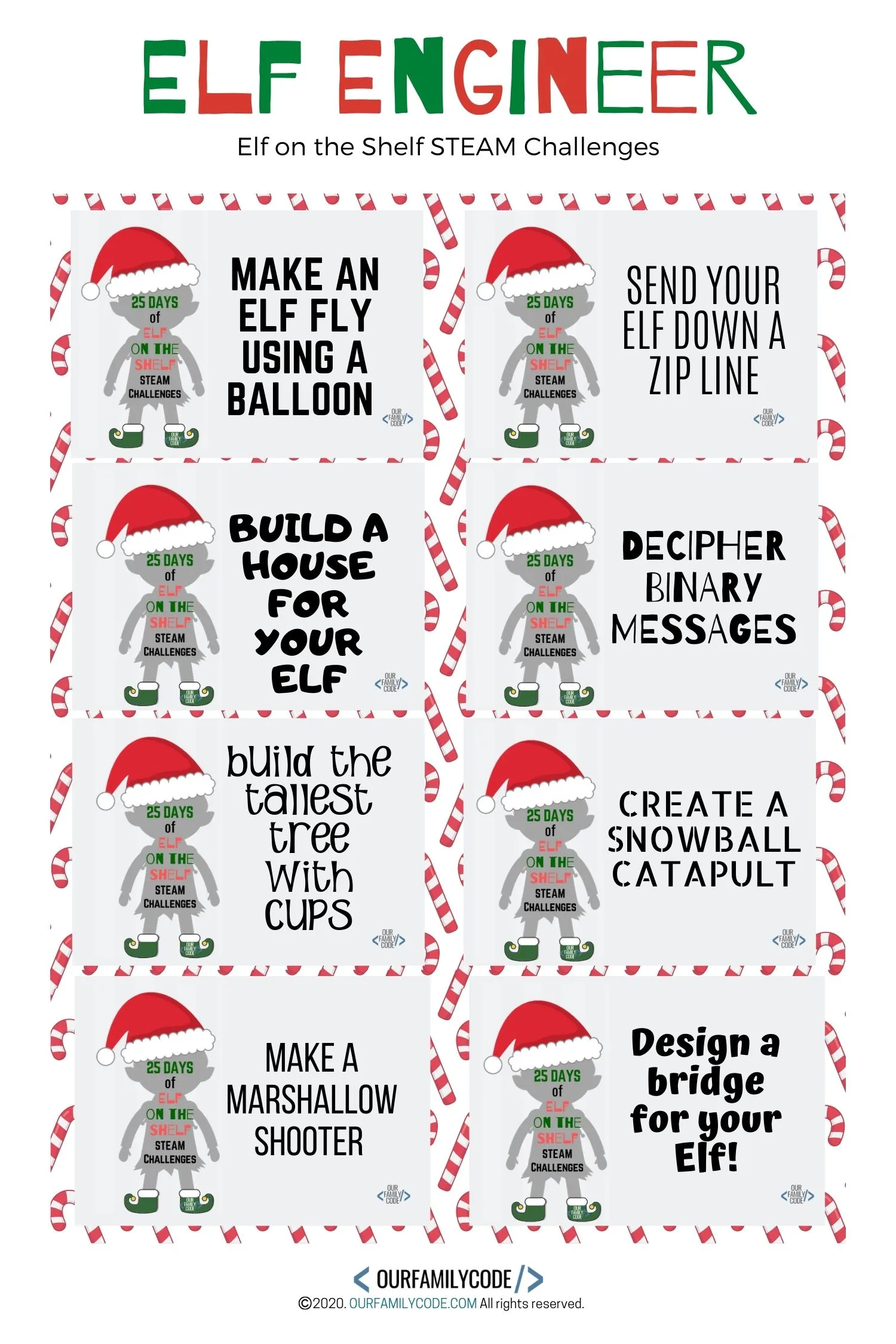 A picture of elf engineer steam challenge cards for elf on the shelf.