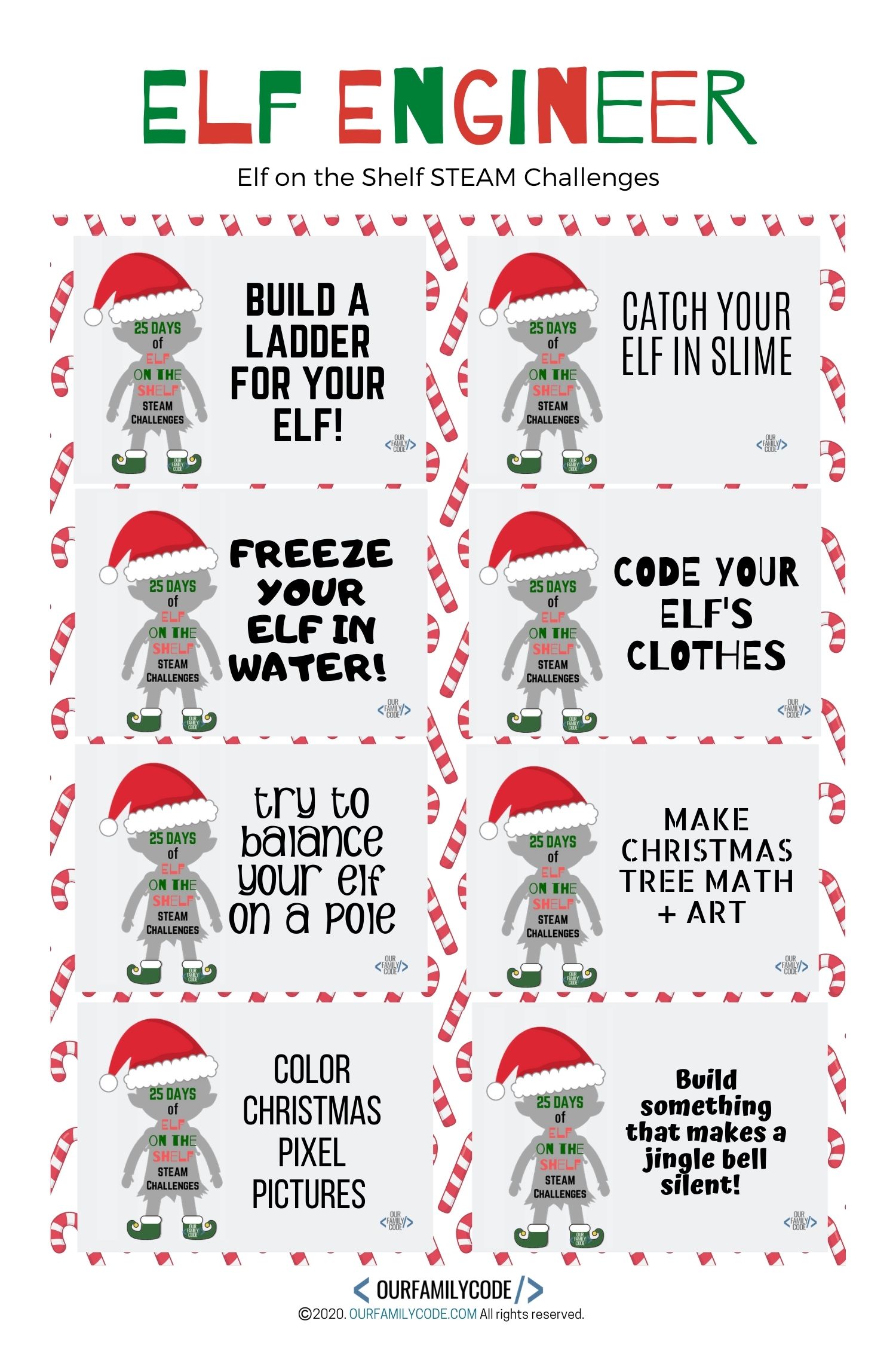 A picture of elf on the shelf steam challenge cards.