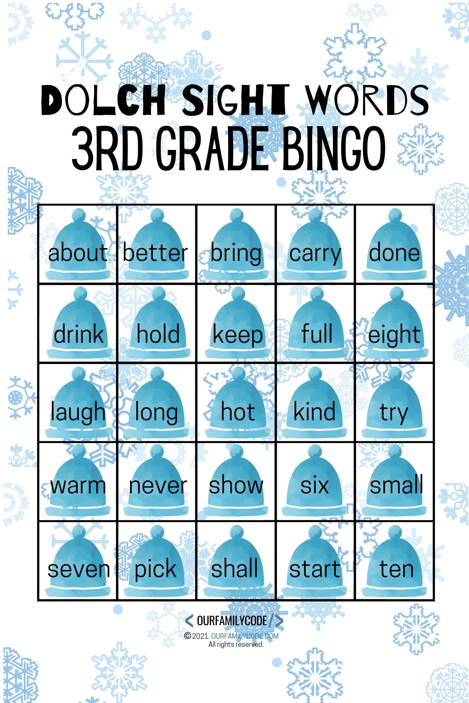 dolch sight word 3rd grade bingo cards