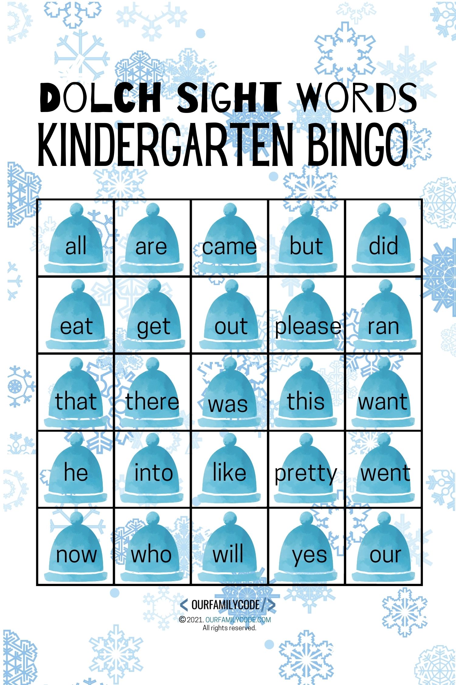 kindergarten sight word winter bingo