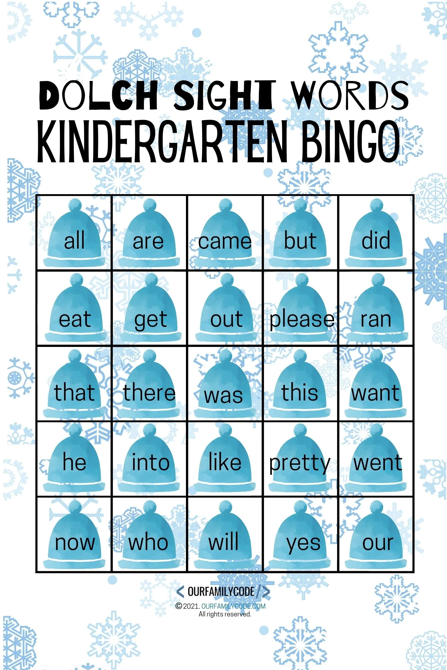kindergarten sight word winter bingo