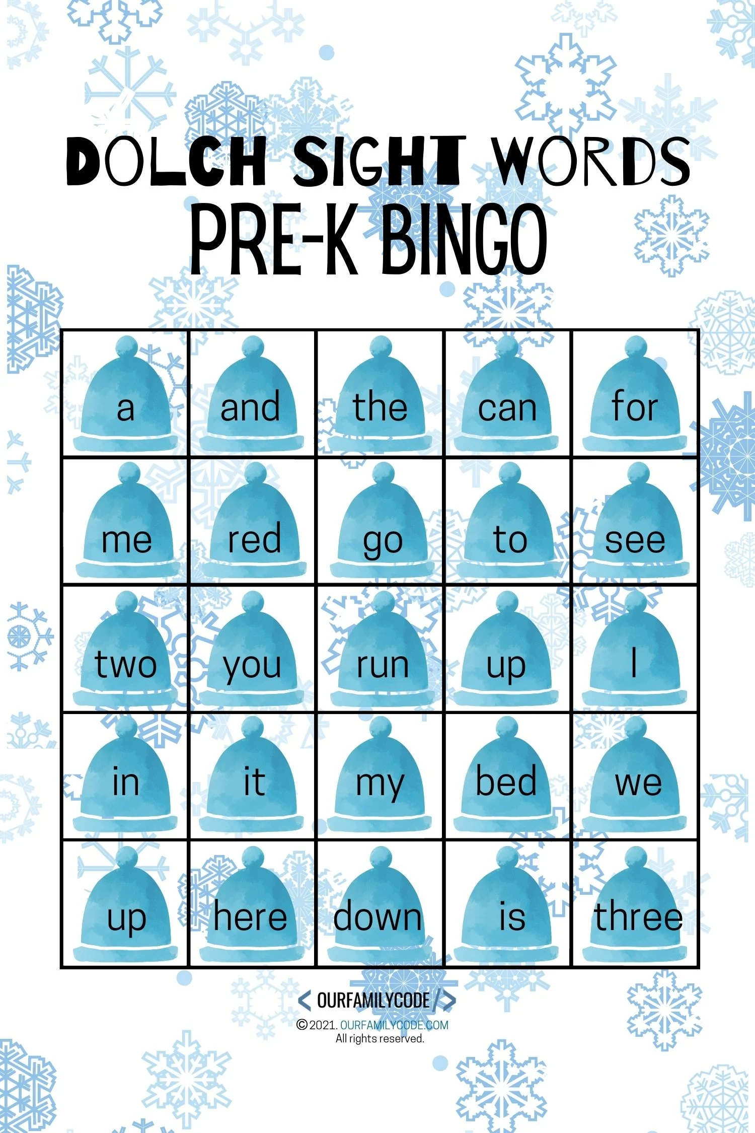 dolch sight word winter pre-k bingo