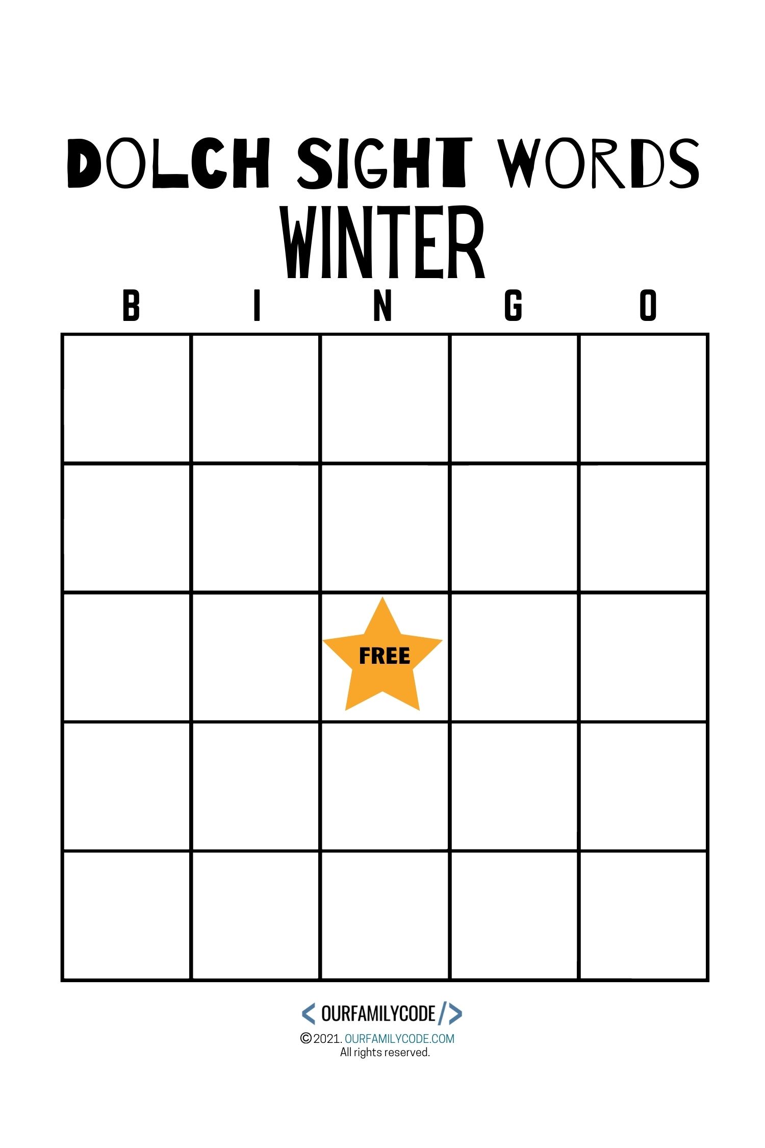 dolch sight word blank bingo board