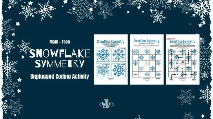 bh fb snowflake Symmetry unplugged coding activity math tech steam Mosaic tiles are a great way to create an invitation to play and create for older kids! Find out what you need to make mosaic snowflakes!