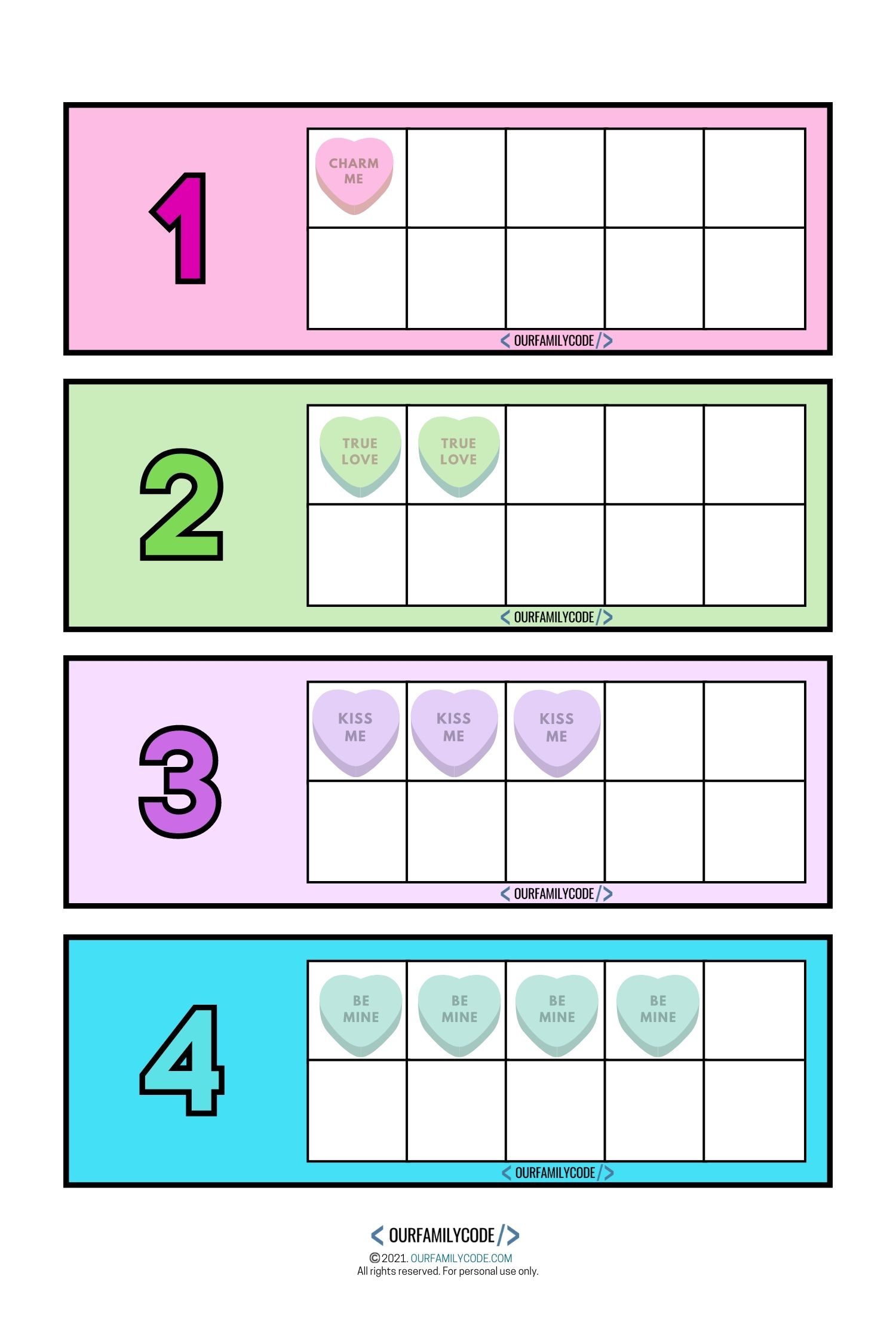 A picture of candy heart ten frames numbers 1 to 4.