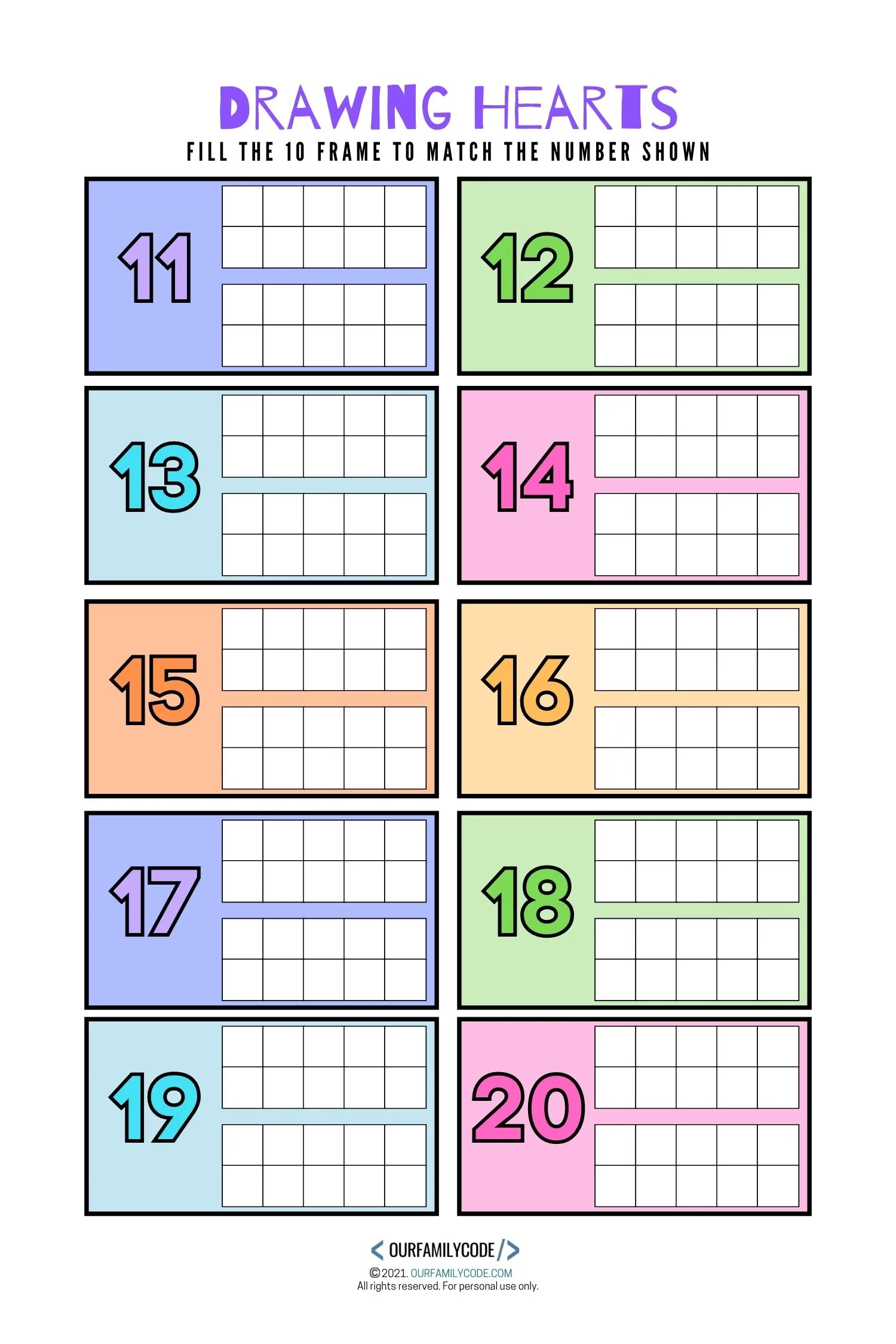 A picture of valentine's day math worksheet with drawing hearts 11-20 ten frames.